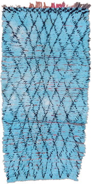 3' x 7' one-of-a-kind handmade vintage Rag Rug runner rug. Color palette: turquoise, charcoal, sky blue, rose, ivory, teal