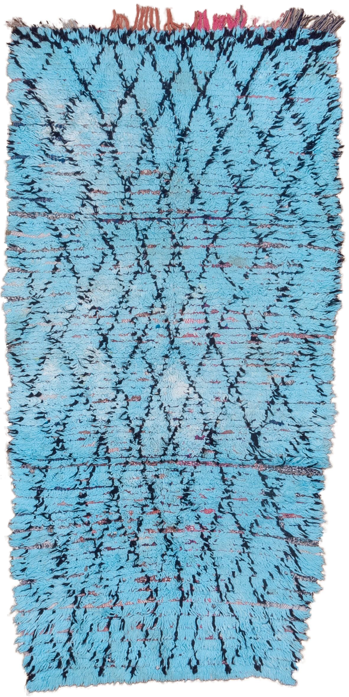 3' x 7' one-of-a-kind handmade vintage Rag Rug runner rug. Color palette: turquoise, charcoal, sky blue, rose, ivory, teal