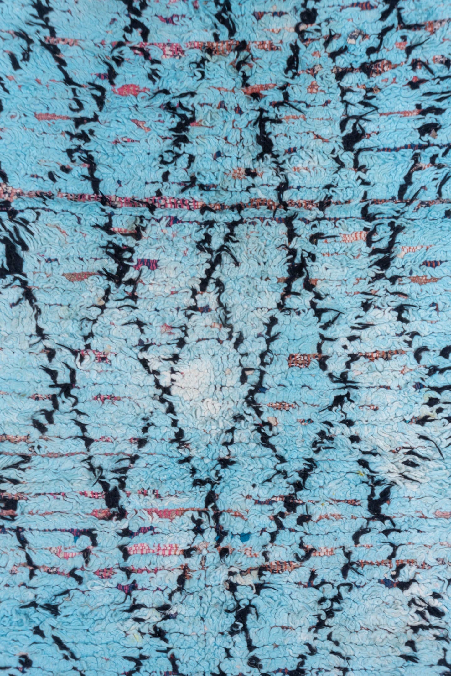 3' x 7' one-of-a-kind handmade vintage Rag Rug runner rug. Color palette: turquoise, charcoal, sky blue, rose, ivory, teal