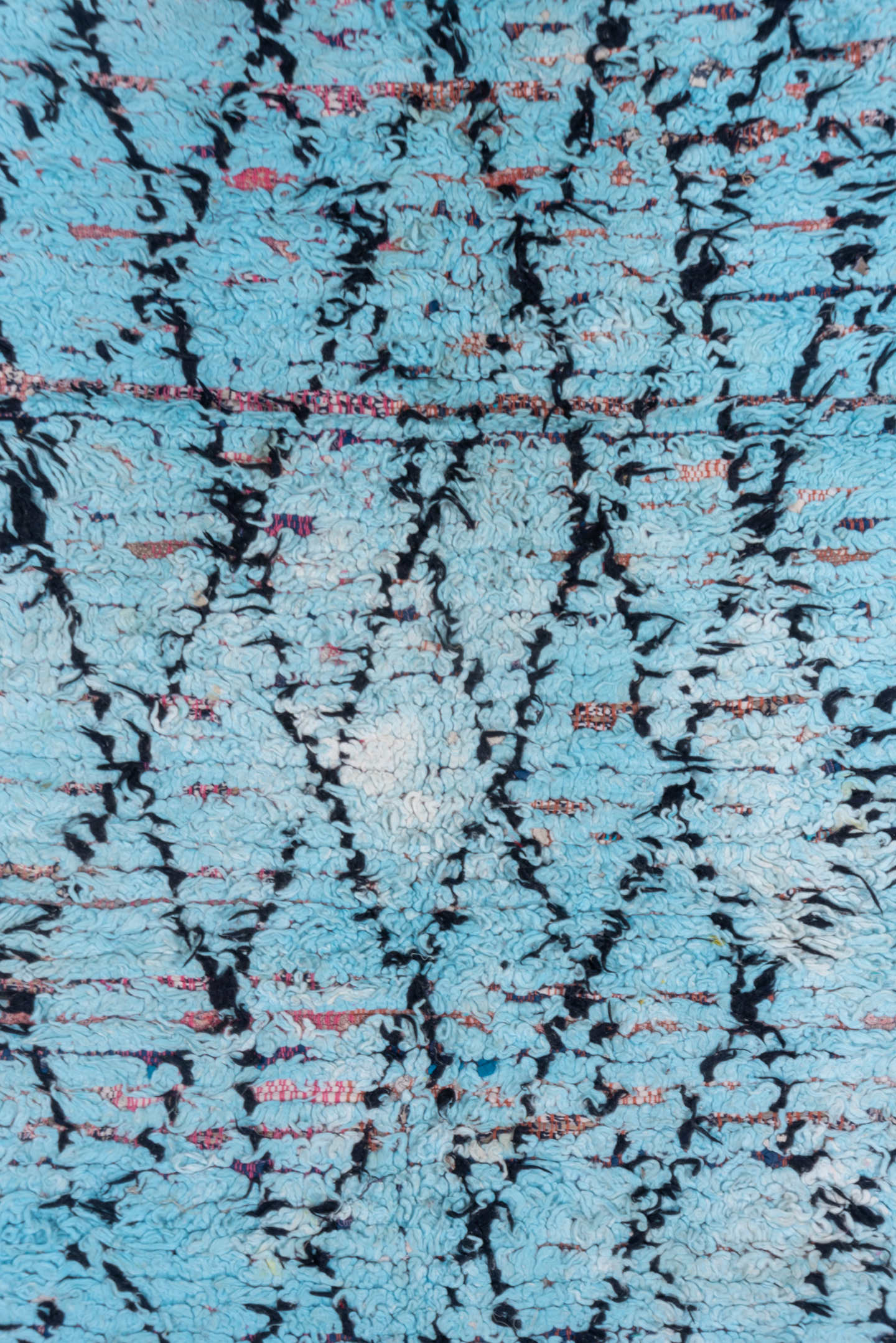 3' x 7' one-of-a-kind handmade vintage Rag Rug runner rug. Color palette: turquoise, charcoal, sky blue, rose, ivory, teal