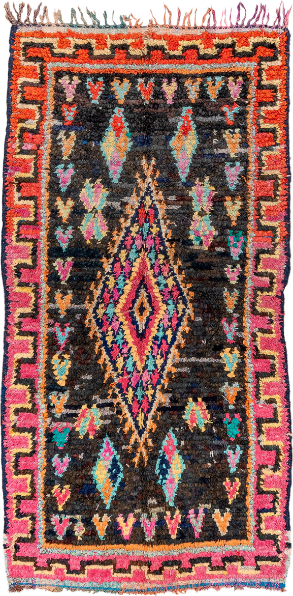 4' x 8' one-of-a-kind handmade vintage Rag Rug rug. Color palette: charcoal, hot pink, orange, turquoise, gold, cream, black