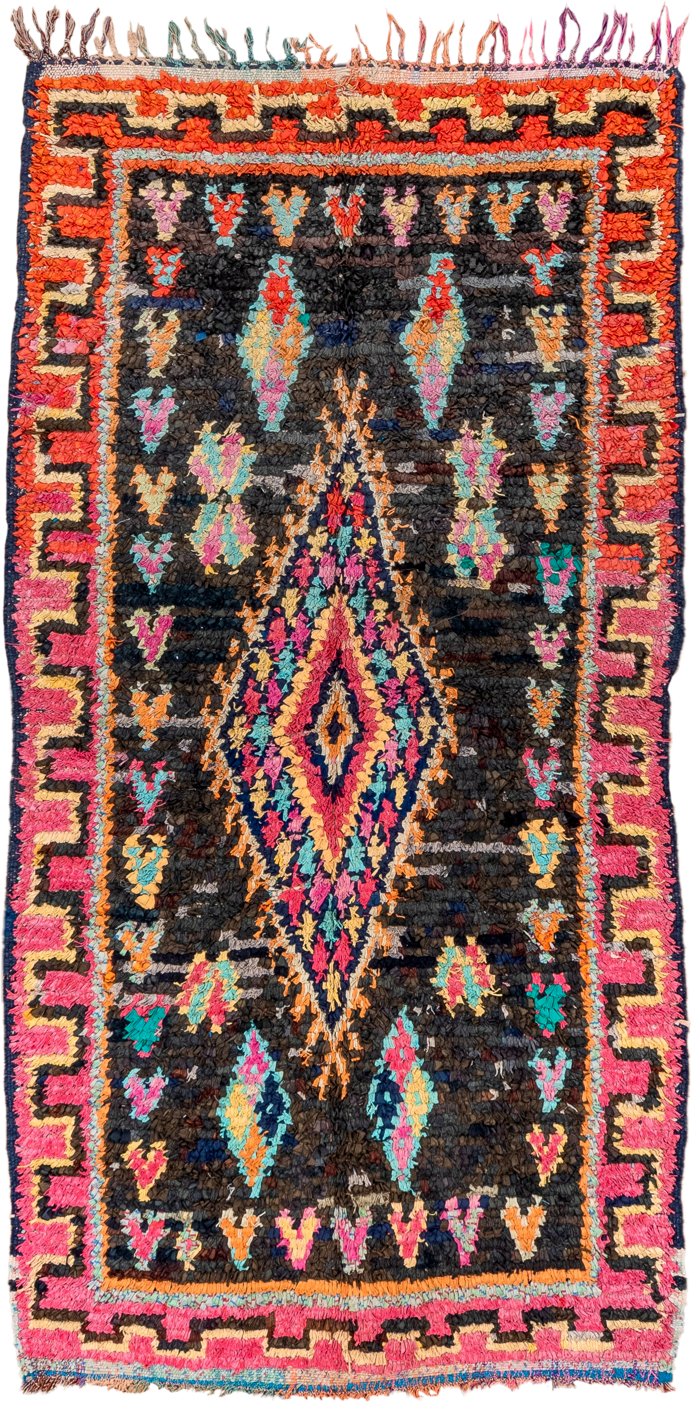 4' x 8' one-of-a-kind handmade vintage Rag Rug rug. Color palette: charcoal, hot pink, orange, turquoise, gold, cream, black