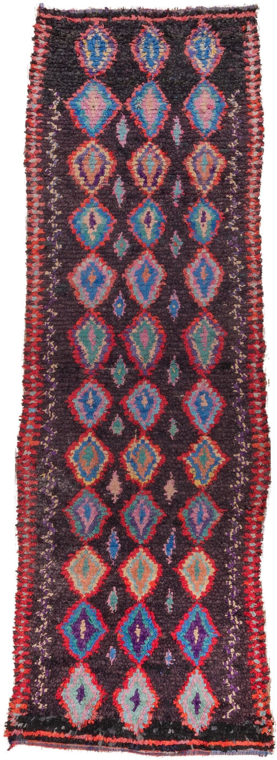 3' x 10' one-of-a-kind handmade vintage Rag Rug runner rug. Color palette: charcoal, crimson, turquoise, lavender, coral