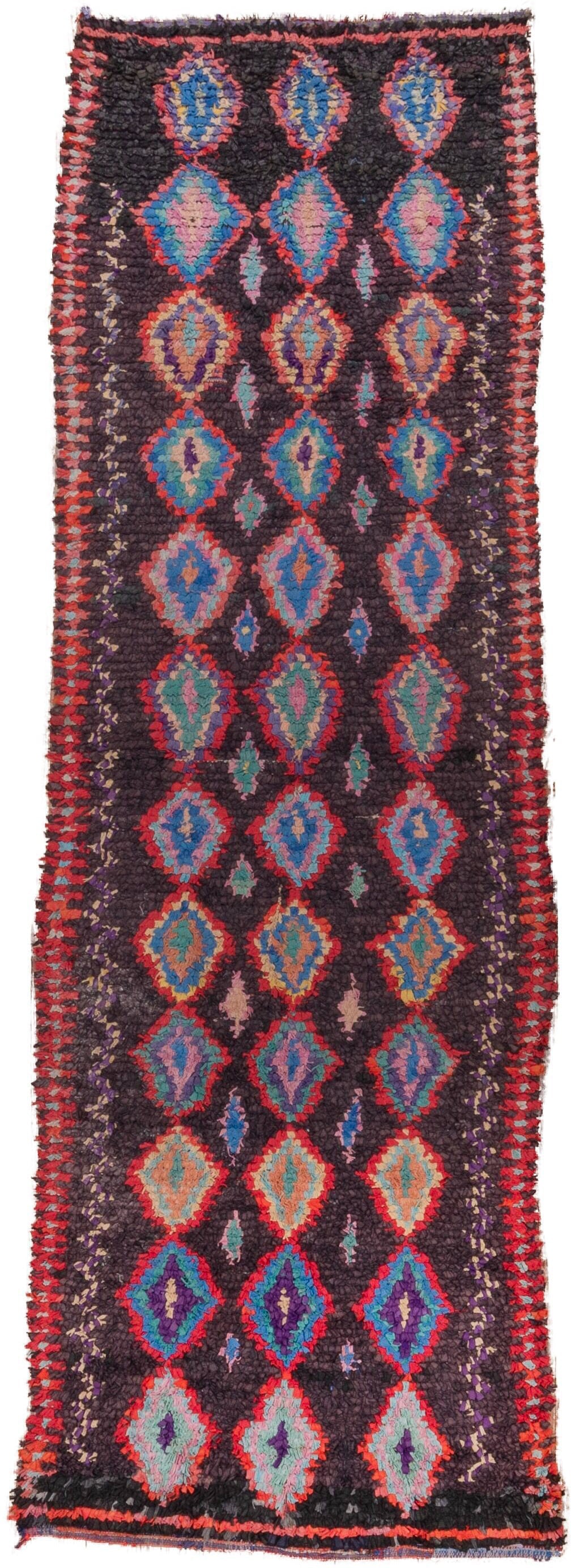3' x 10' one-of-a-kind handmade vintage Rag Rug runner rug. Color palette: charcoal, crimson, turquoise, lavender, coral