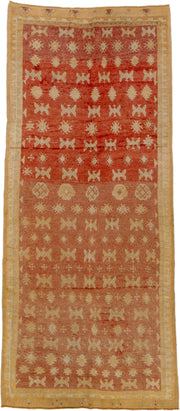 4' x 10' one-of-a-kind handmade vintage Moroccan runner rug. Color palette: terra cotta, camel, sand, ivory, ochre, rust