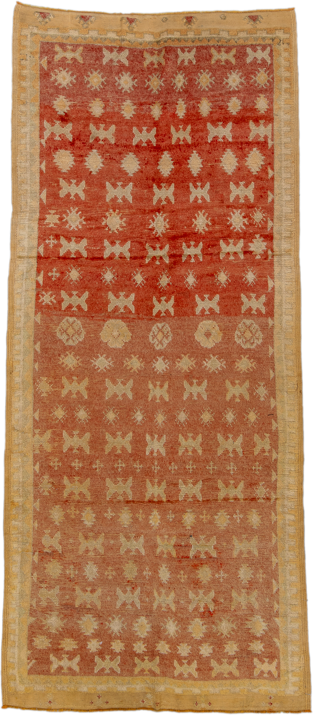 4' x 10' one-of-a-kind handmade vintage Moroccan runner rug. Color palette: terra cotta, camel, sand, ivory, ochre, rust