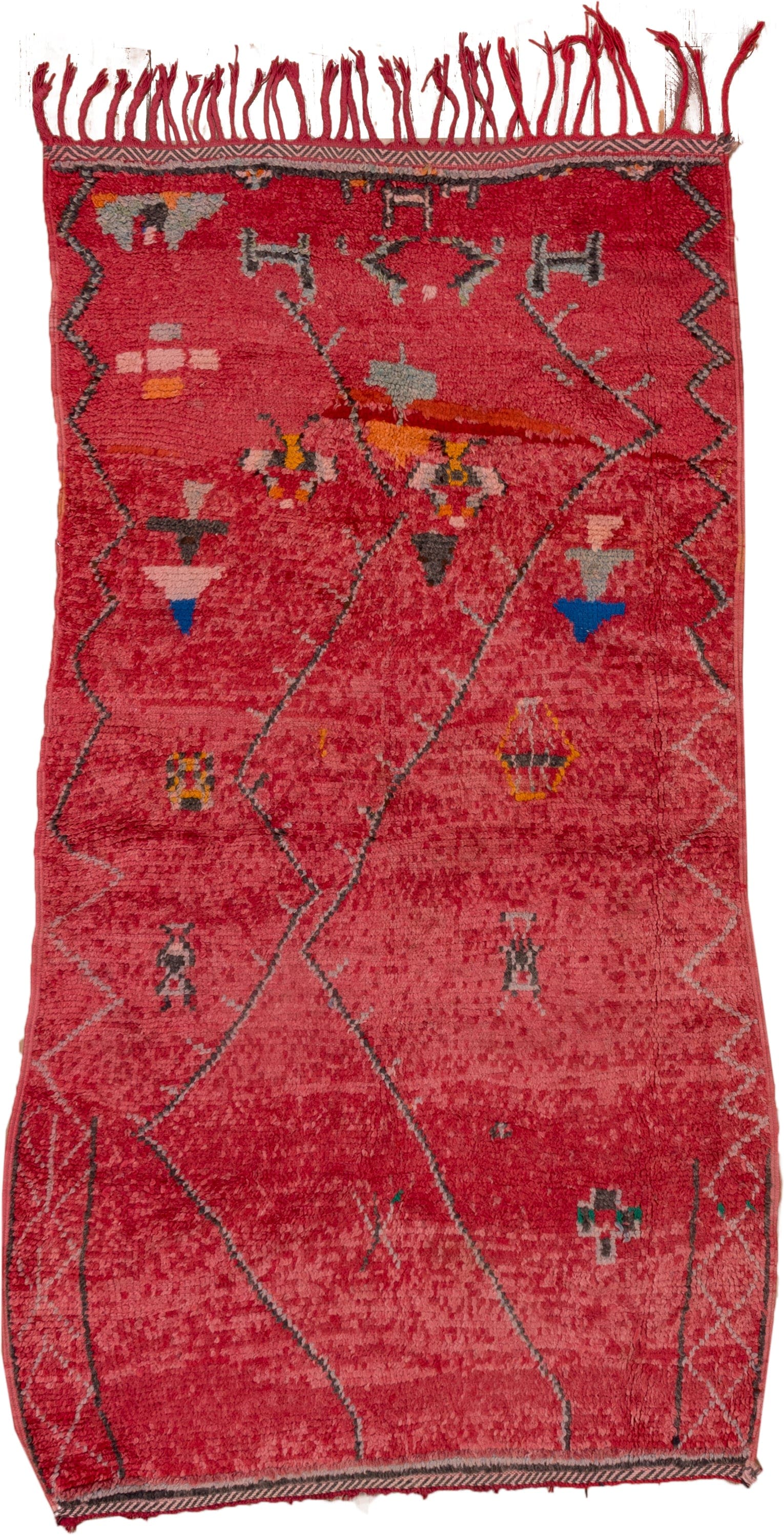 3' x 7' one-of-a-kind handmade vintage Moroccan rug. Color palette: rose, crimson, charcoal, coral, ivory, orange, cobalt