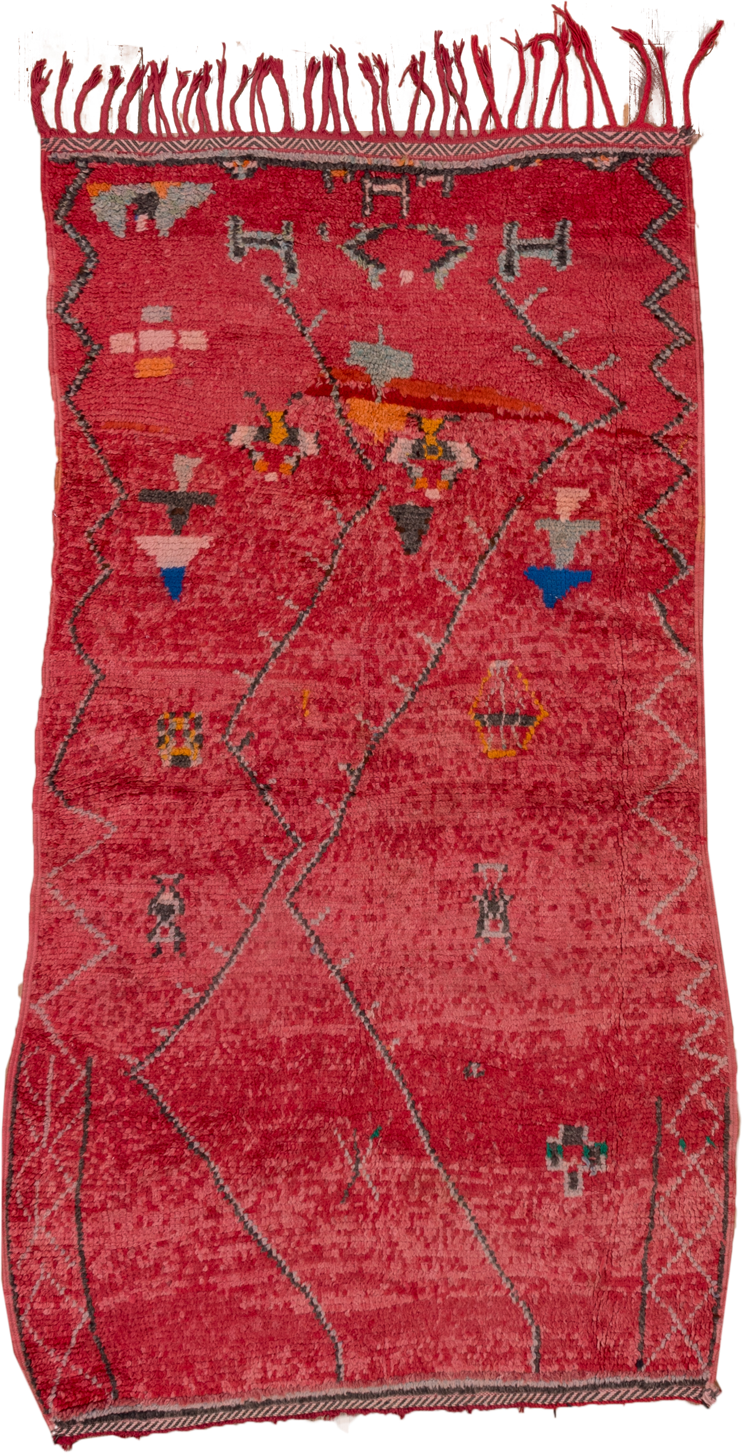 3' x 7' one-of-a-kind handmade vintage Moroccan rug. Color palette: rose, crimson, charcoal, coral, ivory, orange, cobalt