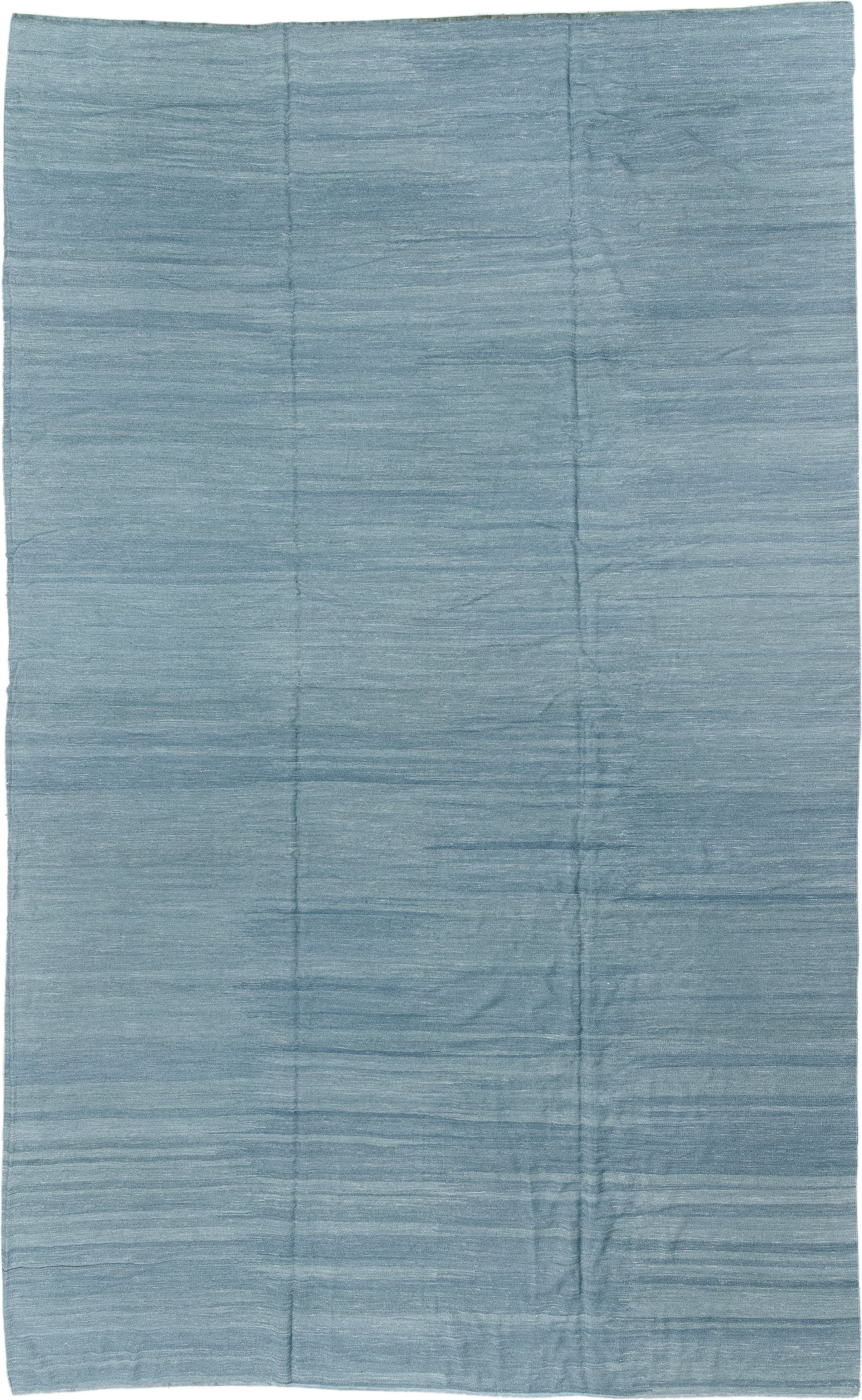 12' x 20' one-of-a-kind handmade vintage Kilim oversize rug. Color palette: sky blue, powder blue, slate, ivory, light blue