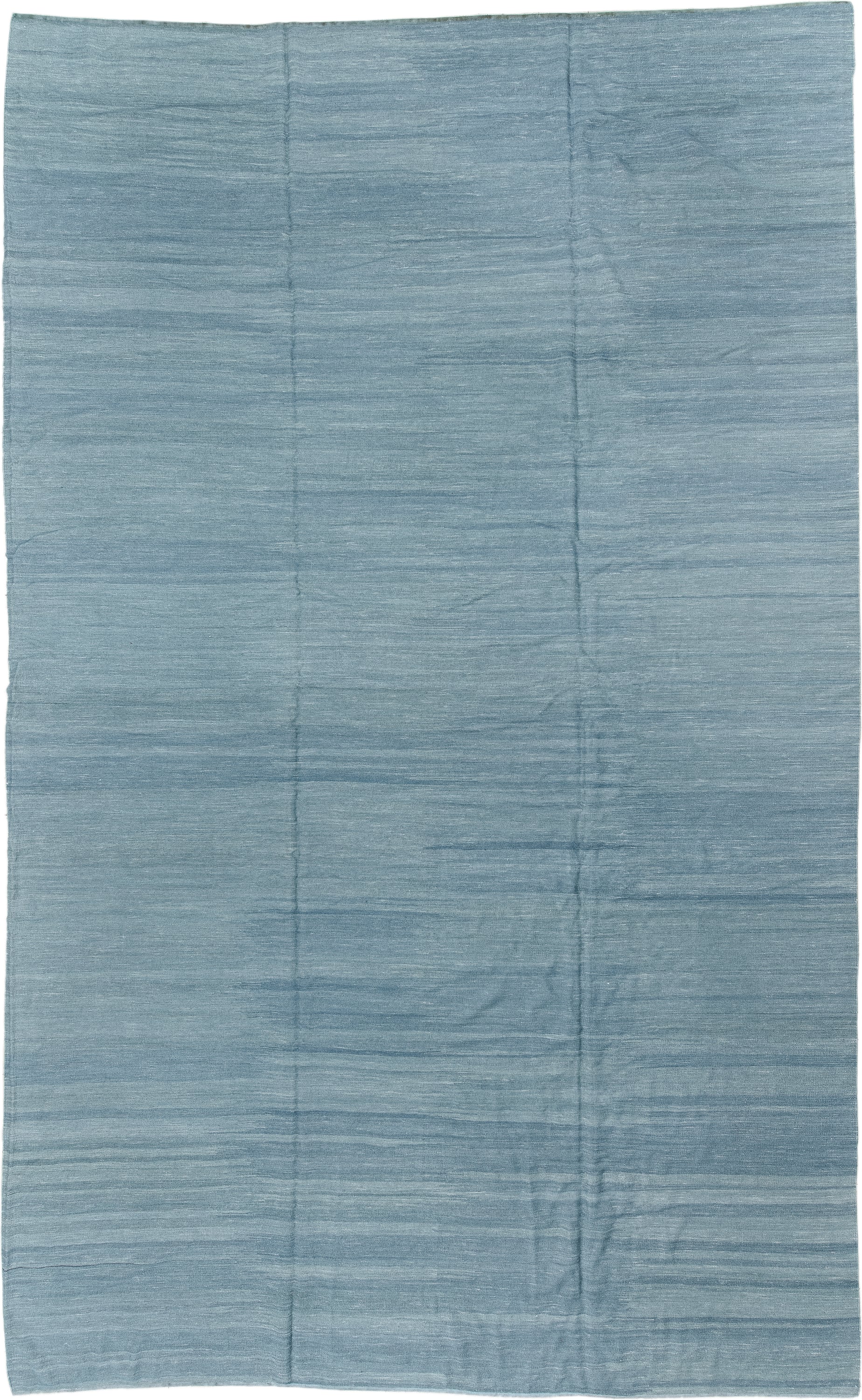 12' x 20' one-of-a-kind handmade vintage Kilim oversize rug. Color palette: sky blue, powder blue, slate, ivory, light blue