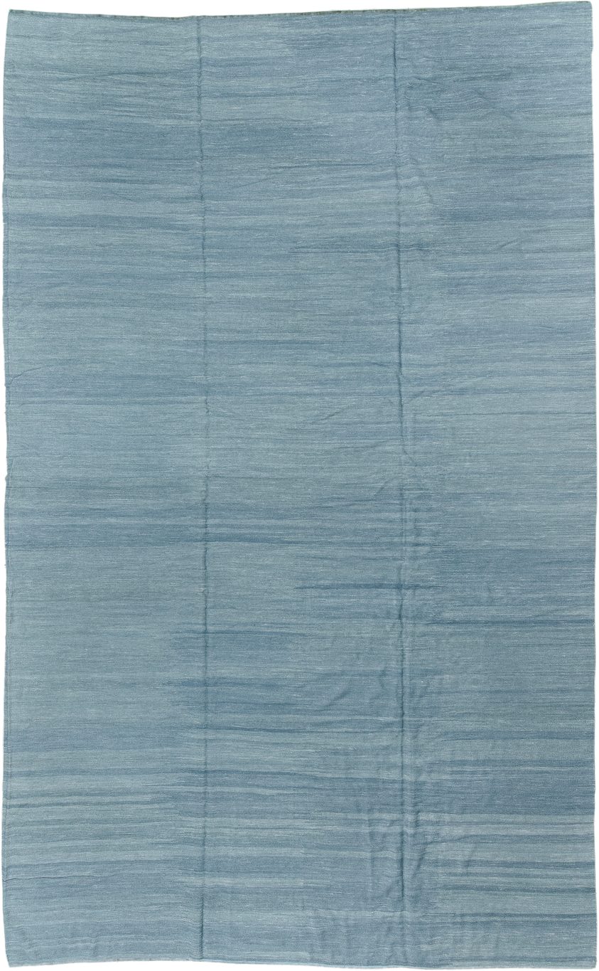 12' x 20' one-of-a-kind handmade vintage Kilim oversize rug. Color palette: sky blue, powder blue, slate, ivory, light blue