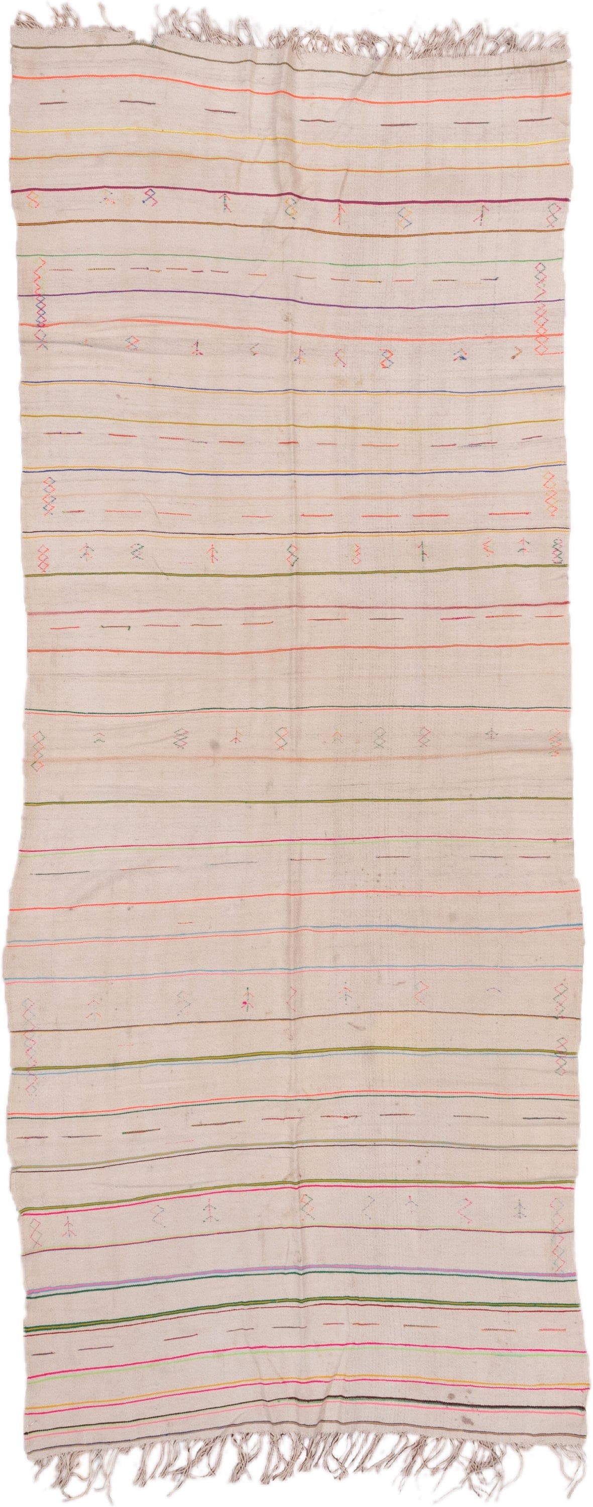 4' x 10' one-of-a-kind handmade vintage Textile runner rug. Color palette: ivory, pink, orange, gold, green, blue, taupe