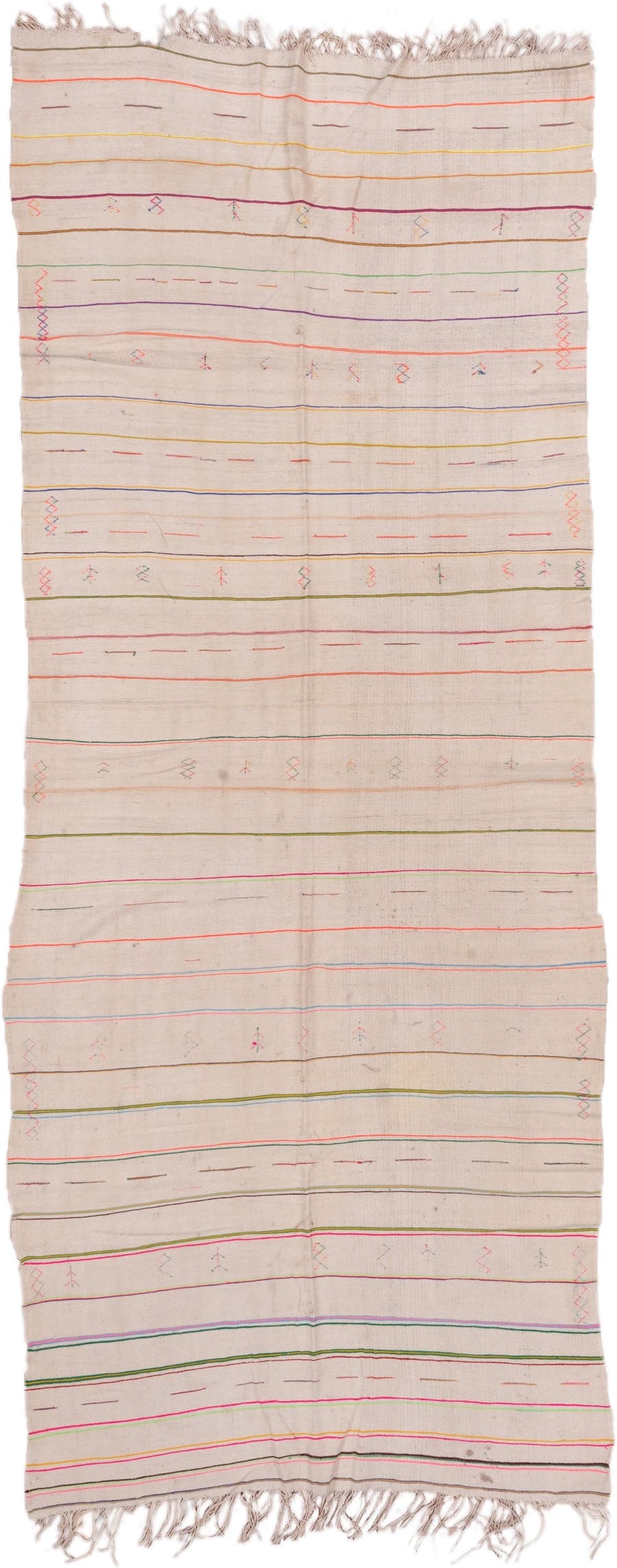 4' x 10' one-of-a-kind handmade vintage Textile runner rug. Color palette: ivory, pink, orange, gold, green, blue, taupe