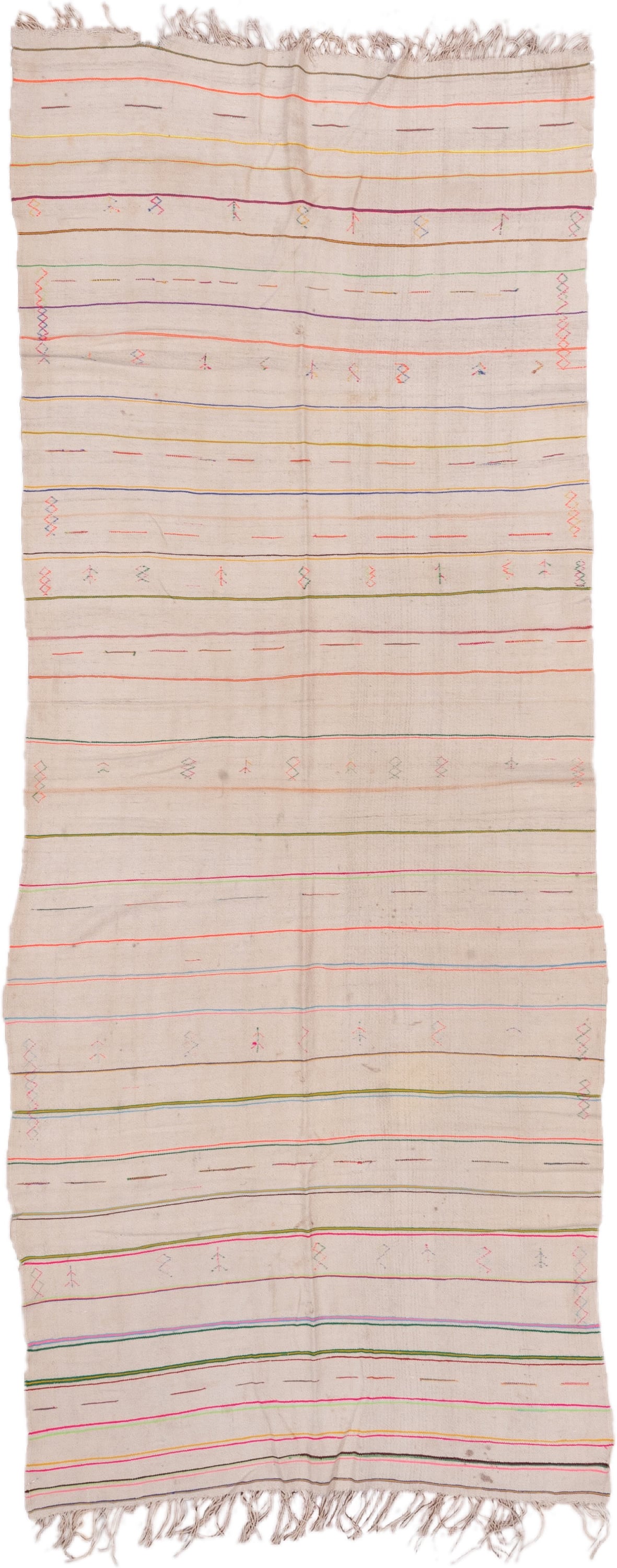 4' x 10' one-of-a-kind handmade vintage Textile runner rug. Color palette: ivory, pink, orange, gold, green, blue, taupe