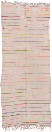 4' x 10' one-of-a-kind handmade vintage Textile runner rug. Color palette: ivory, pink, orange, gold, green, blue, taupe