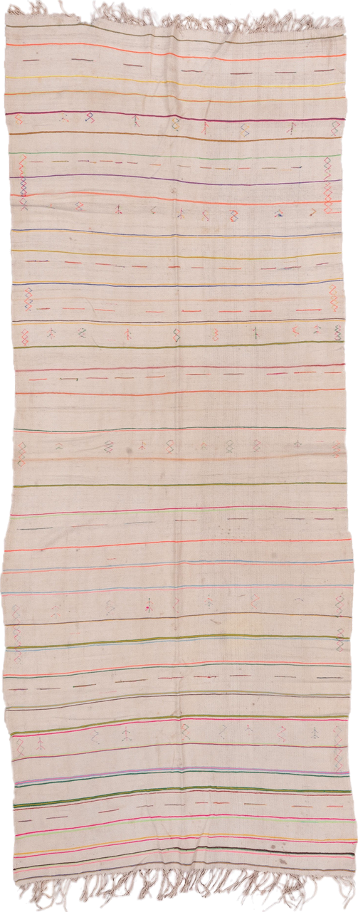 4' x 10' one-of-a-kind handmade vintage Textile runner rug. Color palette: ivory, pink, orange, gold, green, blue, taupe