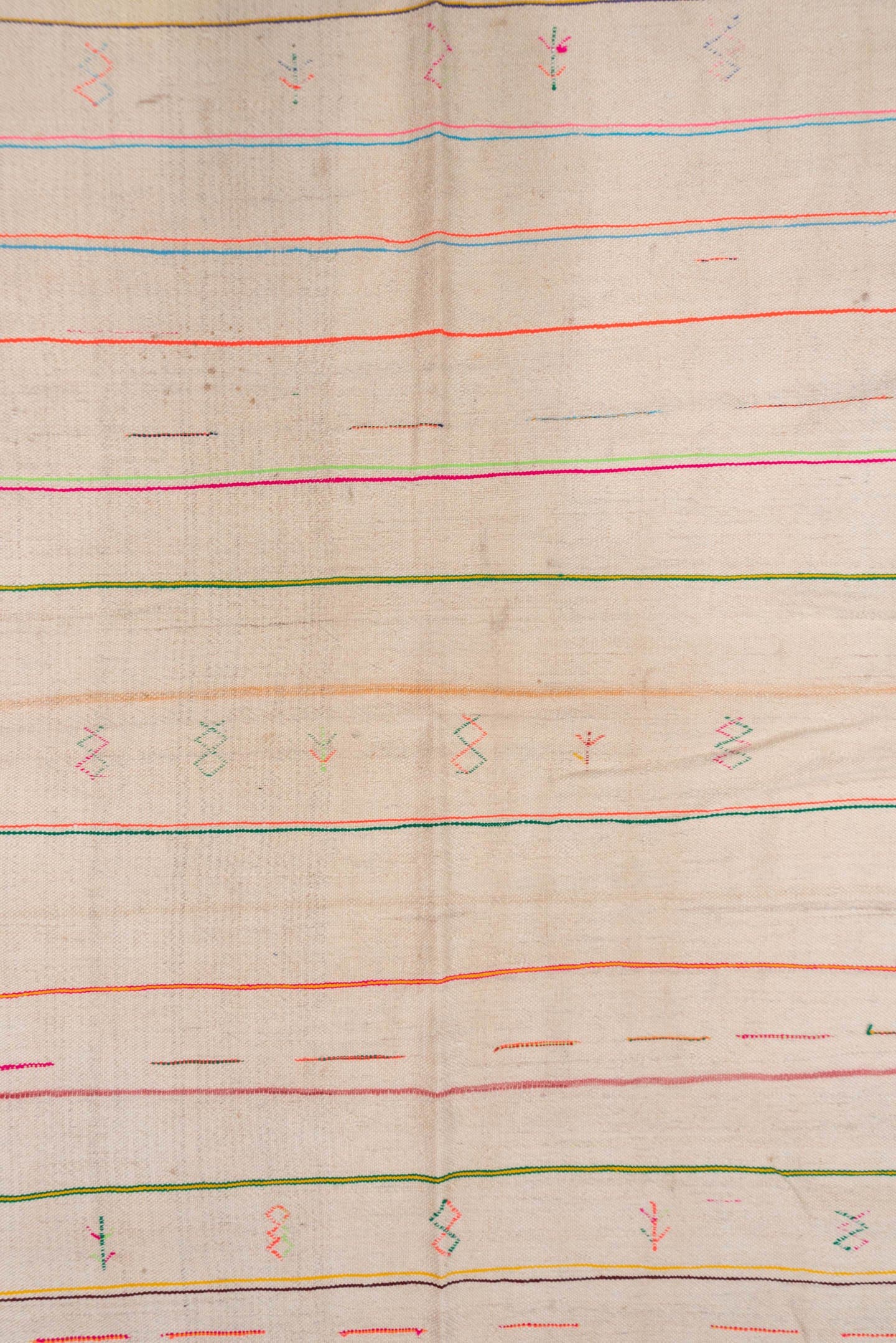4' x 10' one-of-a-kind handmade vintage Textile runner rug. Color palette: ivory, pink, orange, gold, green, blue, taupe