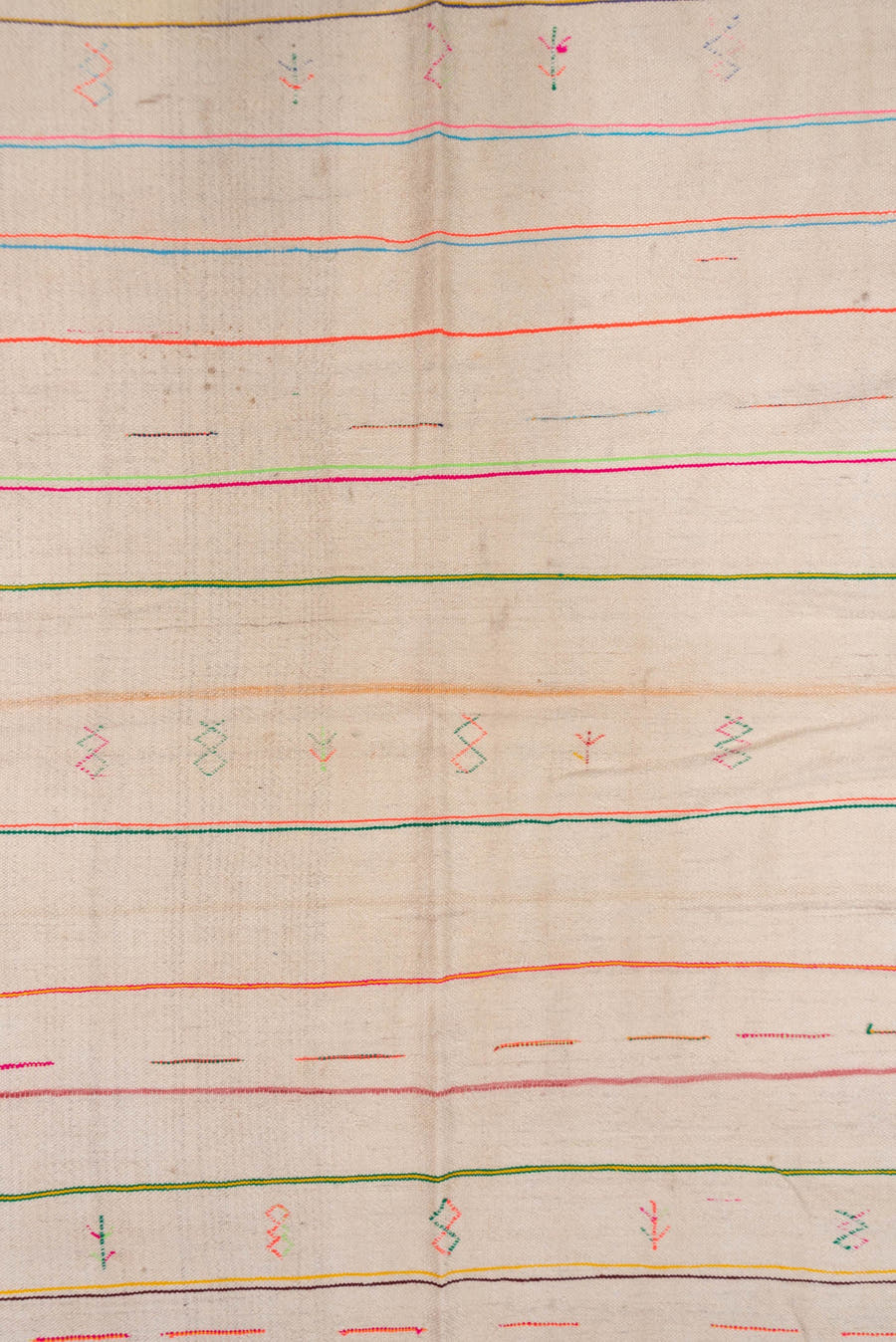 4' x 10' one-of-a-kind handmade vintage Textile runner rug. Color palette: ivory, pink, orange, gold, green, blue, taupe