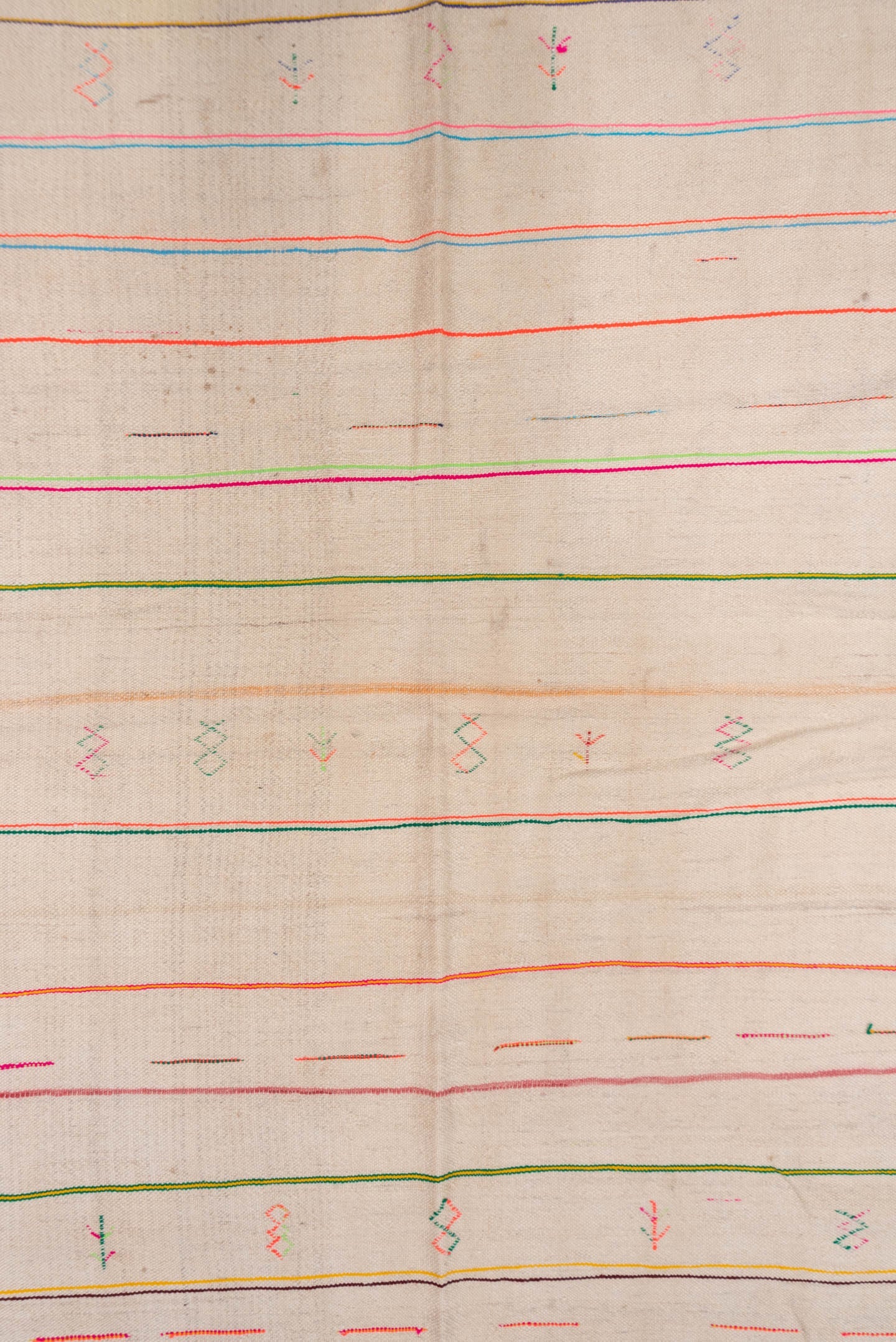 4' x 10' one-of-a-kind handmade vintage Textile runner rug. Color palette: ivory, pink, orange, gold, green, blue, taupe