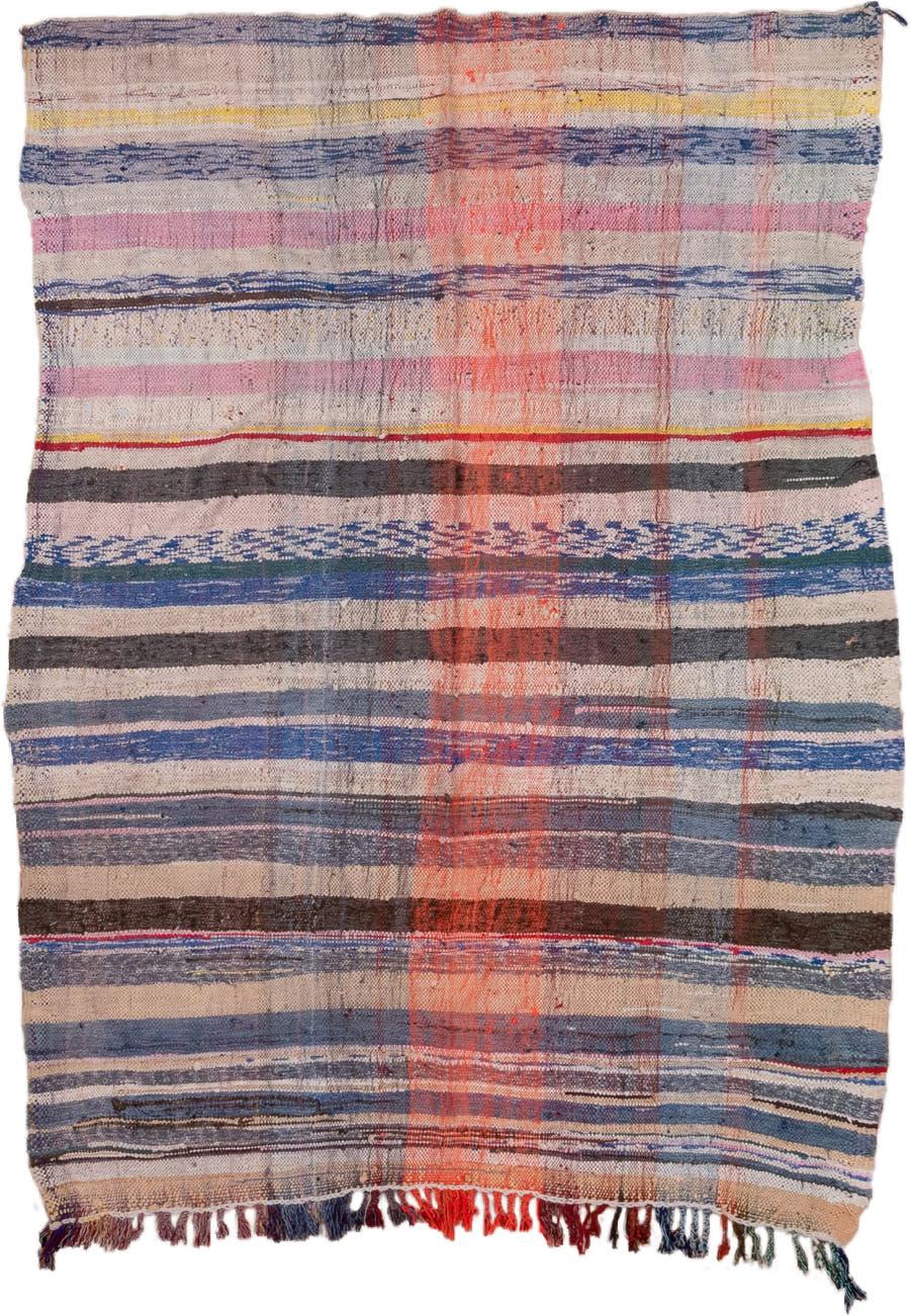 5' x 6' one-of-a-kind handmade vintage Textile rug. Color palette: ivory, indigo, charcoal, rose, coral, slate, yellow