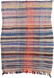 5' x 6' one-of-a-kind handmade vintage Textile rug. Color palette: ivory, indigo, charcoal, rose, coral, slate, yellow