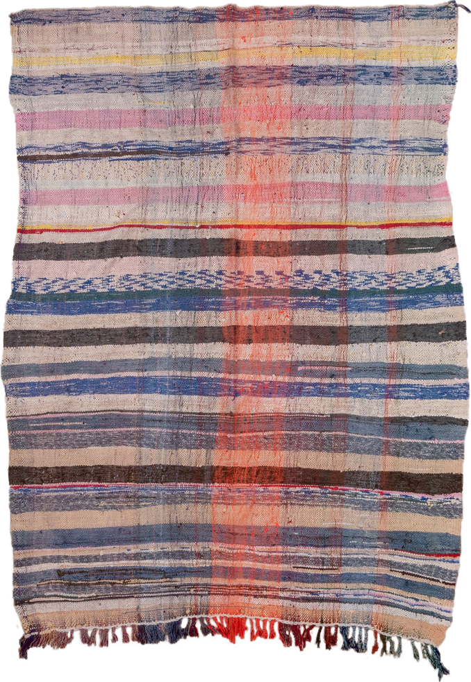 5' x 6' one-of-a-kind handmade vintage Textile rug. Color palette: ivory, indigo, charcoal, rose, coral, slate, yellow