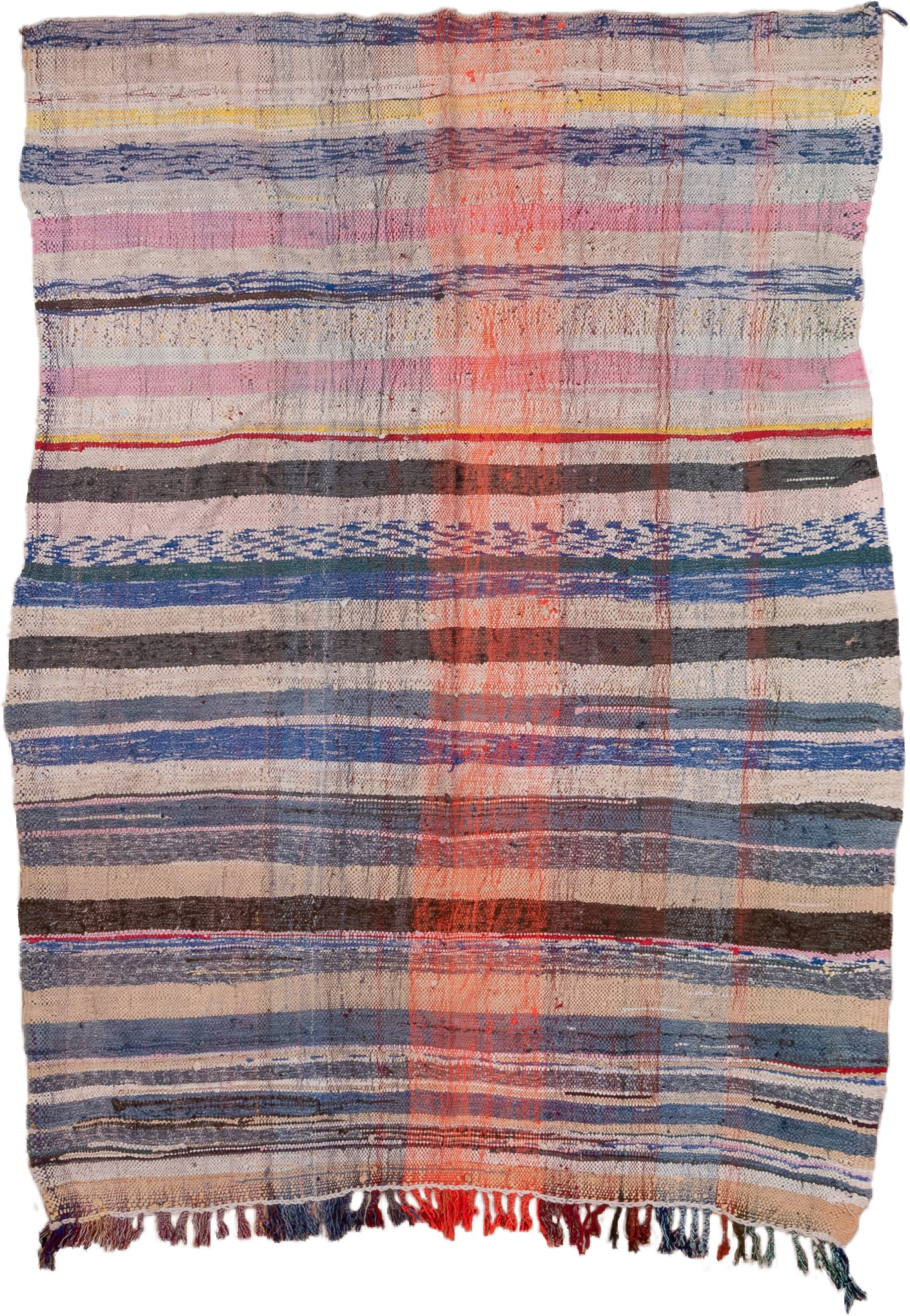 5' x 6' one-of-a-kind handmade vintage Textile rug. Color palette: ivory, indigo, charcoal, rose, coral, slate, yellow