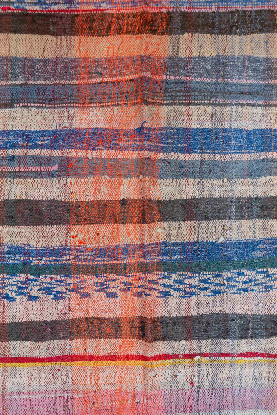 5' x 6' one-of-a-kind handmade vintage Textile rug. Color palette: ivory, indigo, charcoal, rose, coral, slate, yellow