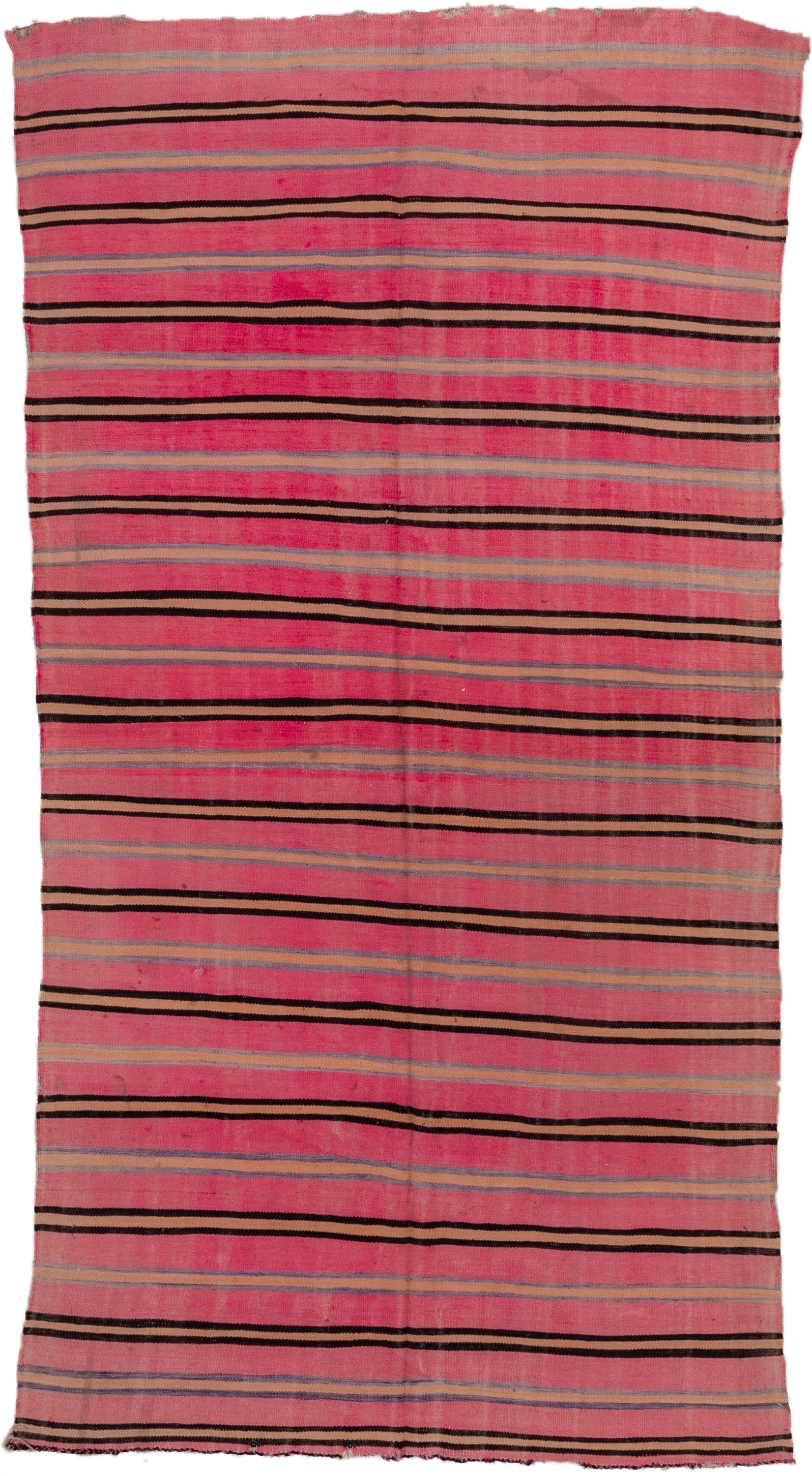 5' x 10' one-of-a-kind handmade vintage Blanket medium size rug. Color palette: pink, charcoal, taupe, muted blue, rose