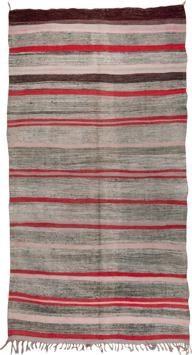 5' x 9' one-of-a-kind handmade vintage Blanket medium size rug. Color palette: gray, crimson, blush, brown, taupe, red, pink