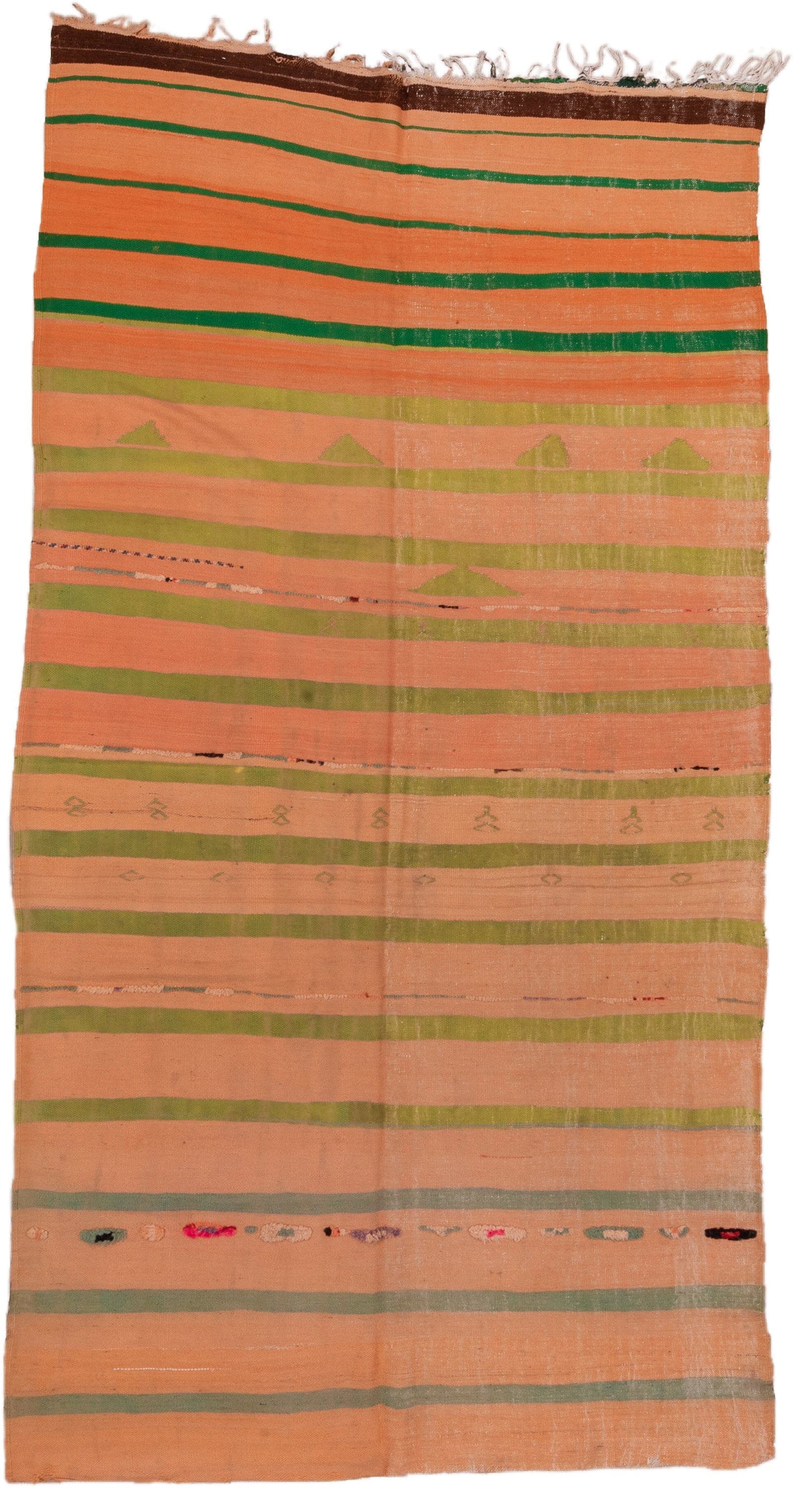 5' x 10' one-of-a-kind handmade vintage Blanket medium size rug. Color palette: peach, olive, green, brown, coral, ivory