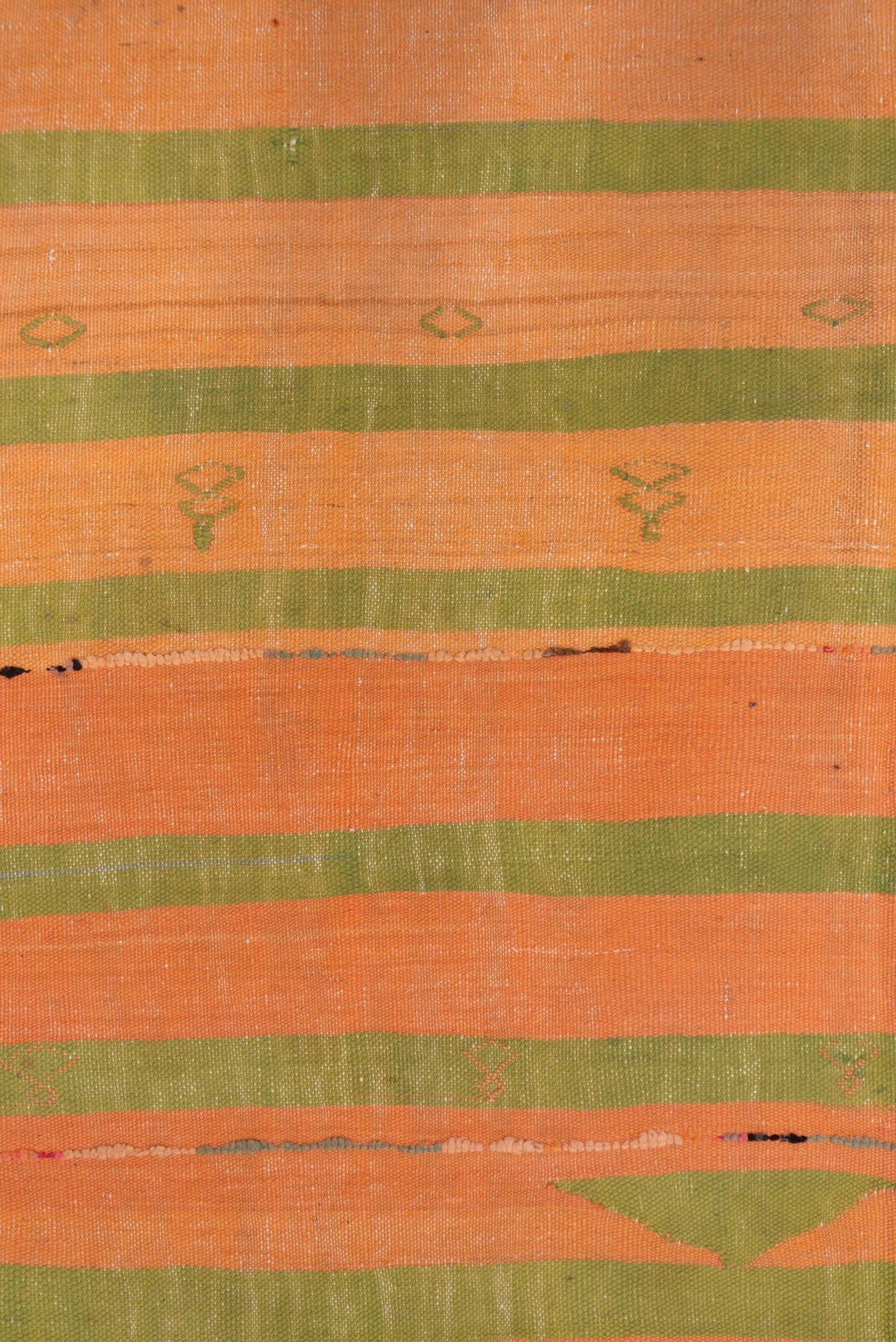 5' x 10' one-of-a-kind handmade vintage Blanket medium size rug. Color palette: peach, olive, green, brown, coral, ivory