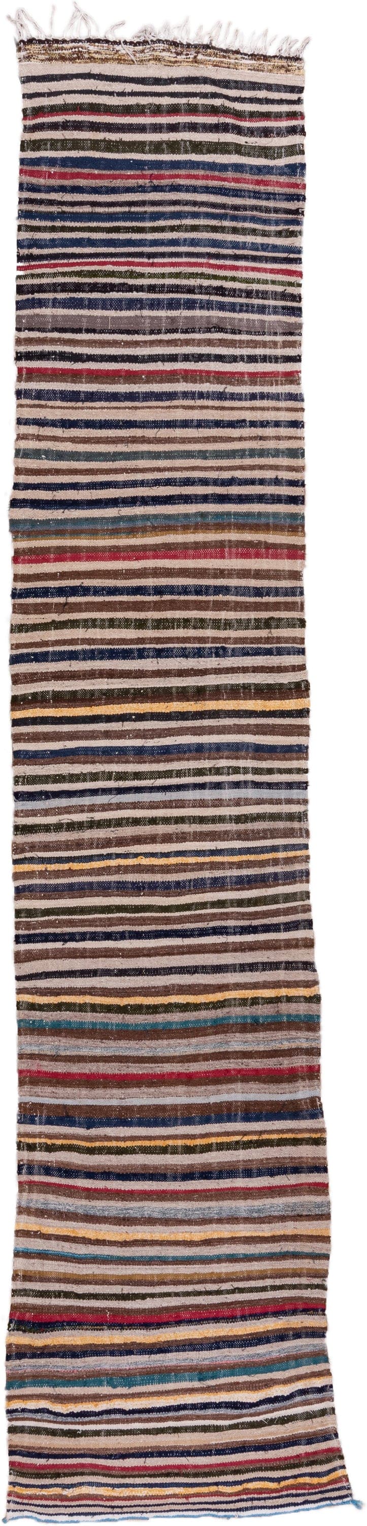 2' x 14' one-of-a-kind handmade vintage Blanket runner rug. Color palette: brown, ivory, indigo, charcoal, crimson, gold