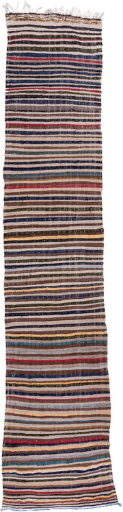 2' x 14' one-of-a-kind handmade vintage Blanket runner rug. Color palette: brown, ivory, indigo, charcoal, crimson, gold