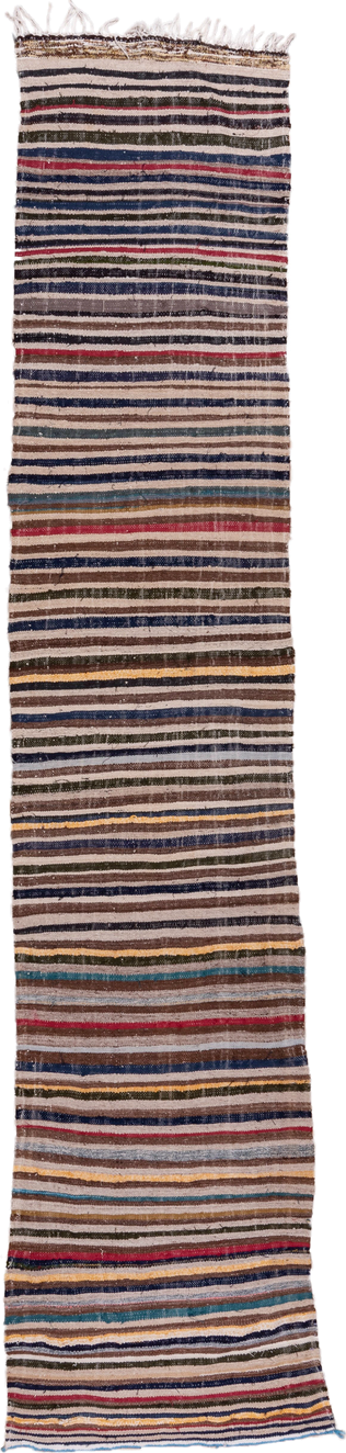 2' x 14' one-of-a-kind handmade vintage Blanket runner rug. Color palette: brown, ivory, indigo, charcoal, crimson, gold