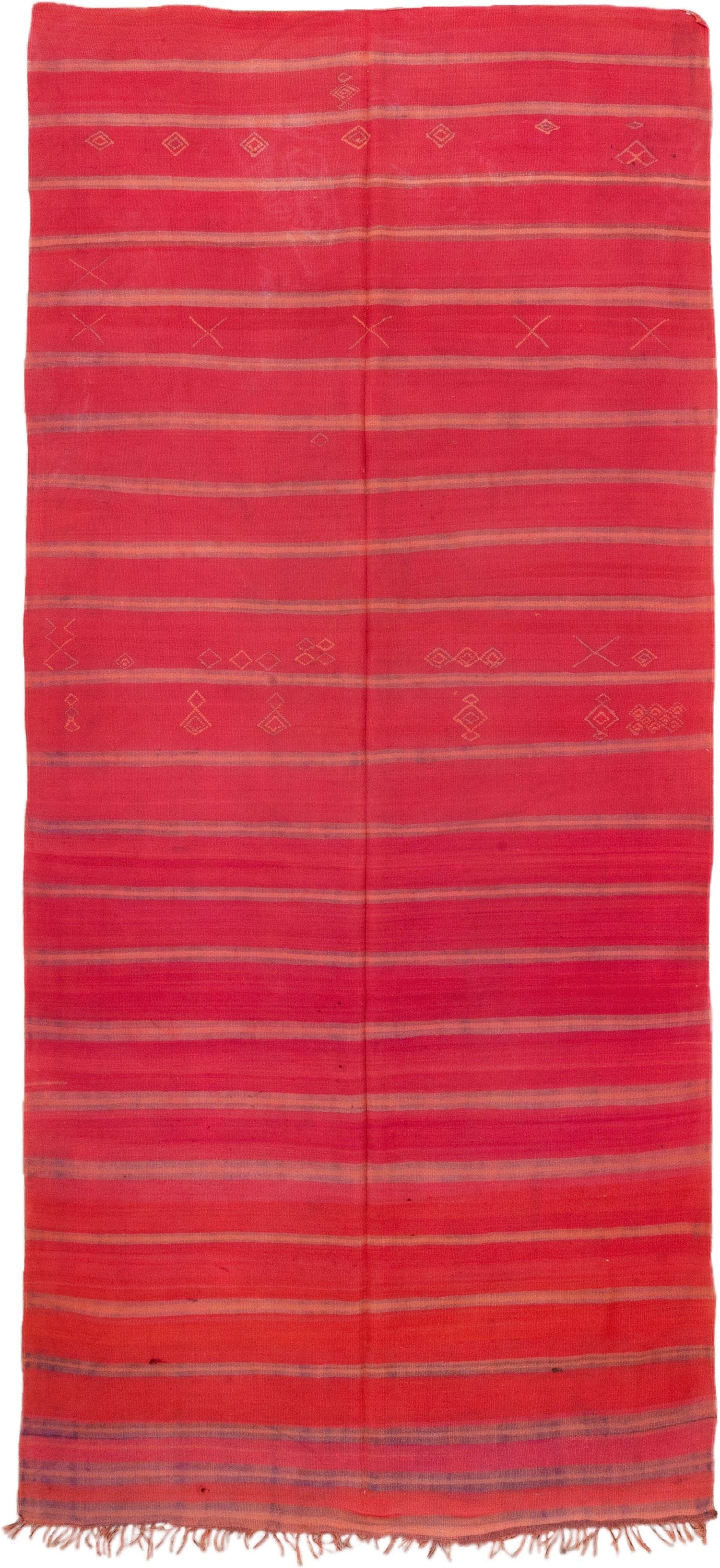 5' x 12' one-of-a-kind handmade vintage Blanket rug. Color palette: rose, crimson, terra cotta, taupe, plum, pink, red