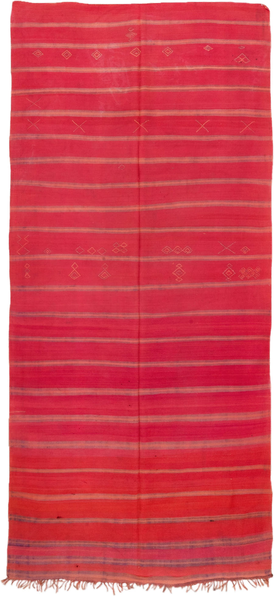 5' x 12' one-of-a-kind handmade vintage Blanket rug. Color palette: rose, crimson, terra cotta, taupe, plum, pink, red