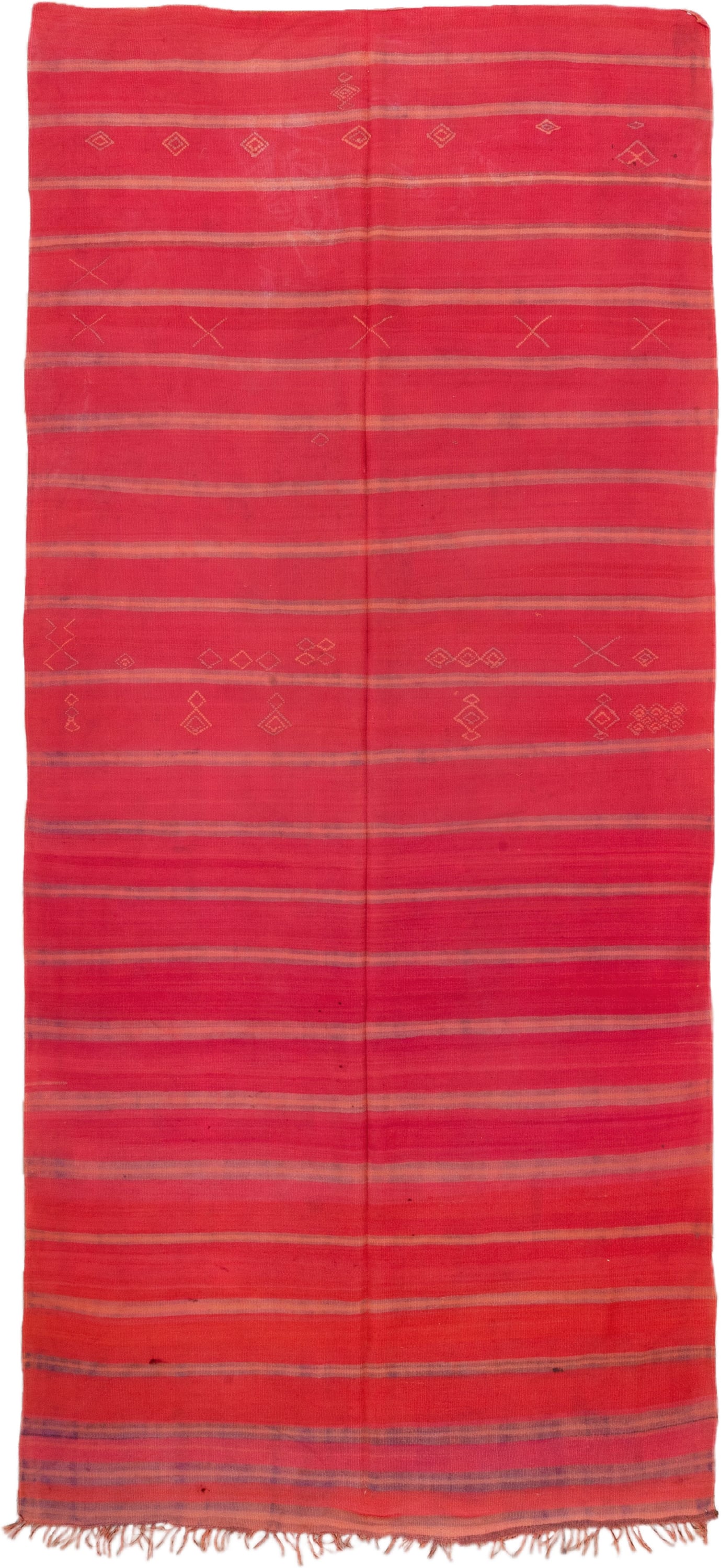 5' x 12' one-of-a-kind handmade vintage Blanket rug. Color palette: rose, crimson, terra cotta, taupe, plum, pink, red