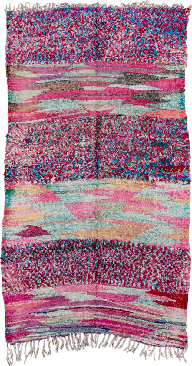 4' x 9' one-of-a-kind handmade vintage Rag Rug rug. Color palette: pink, turquoise, ivory, burgundy, rose, taupe, gold, teal