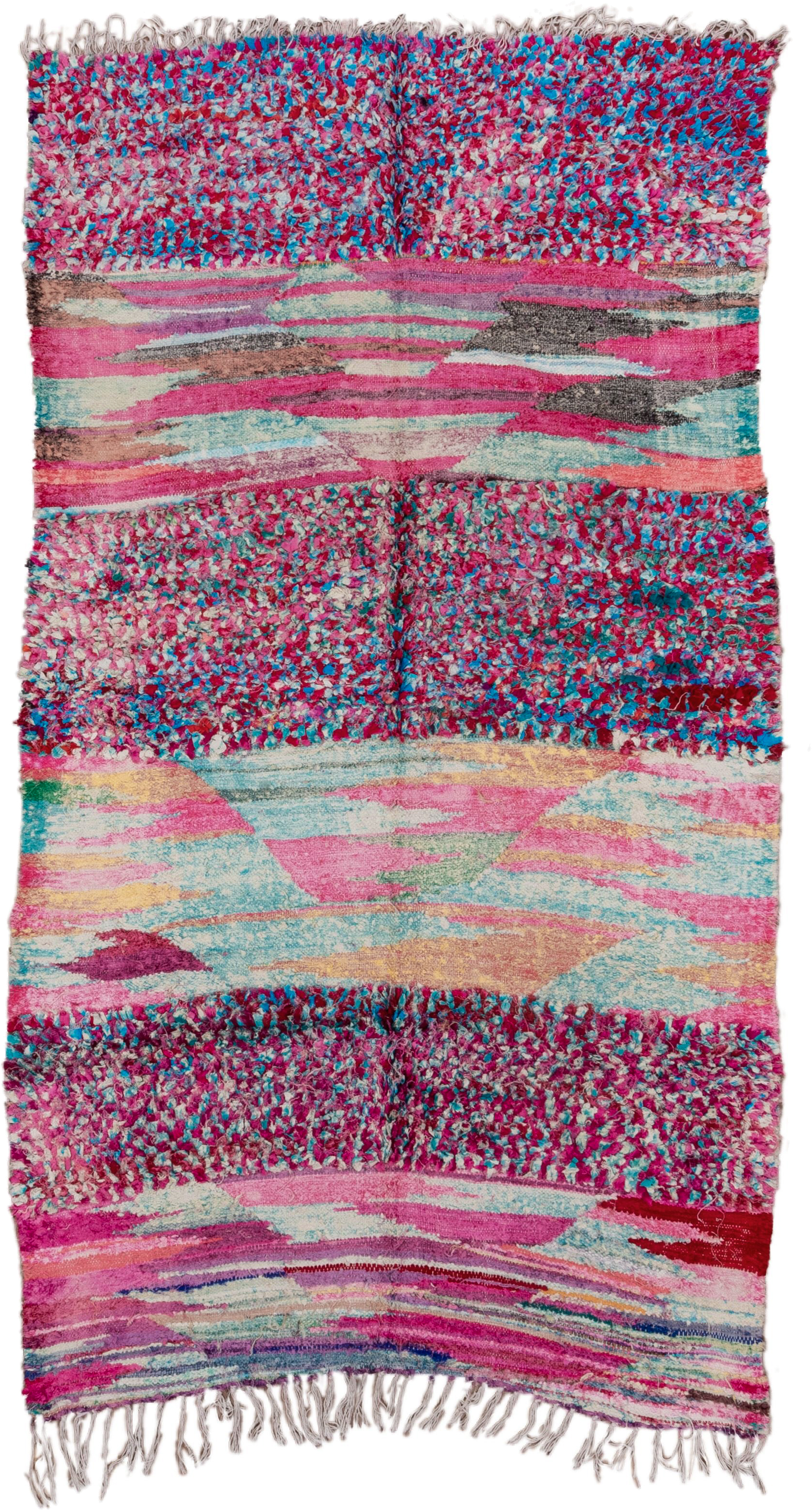 4' x 9' one-of-a-kind handmade vintage Rag Rug rug. Color palette: pink, turquoise, ivory, burgundy, rose, taupe, gold, teal
