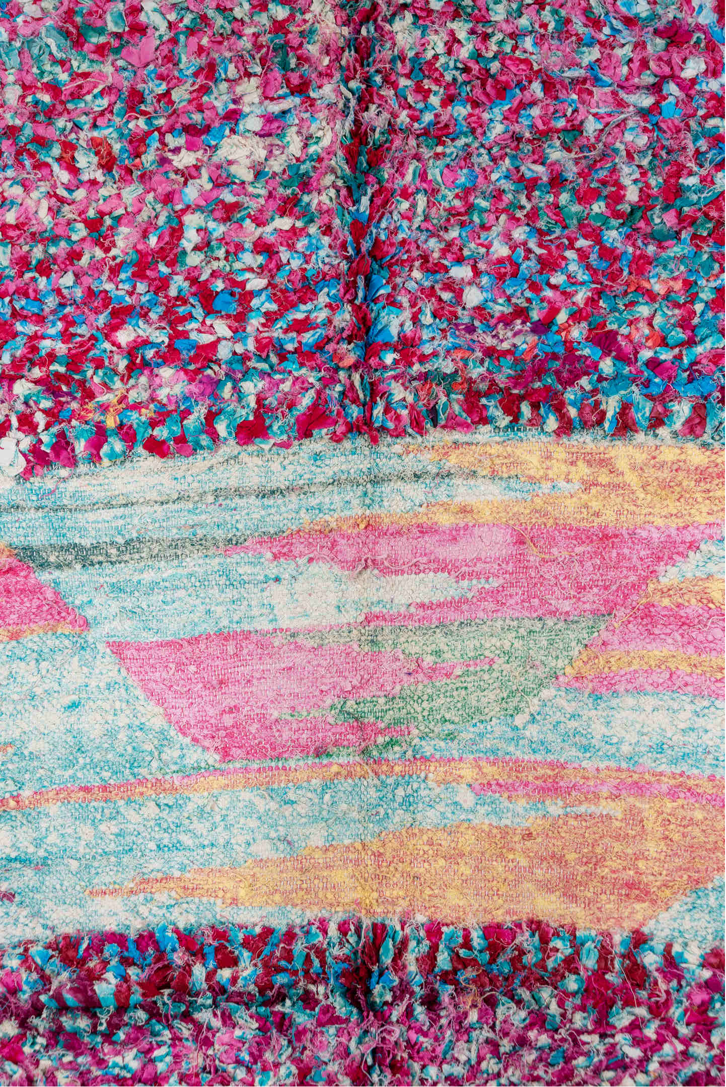 4' x 9' one-of-a-kind handmade vintage Rag Rug rug. Color palette: pink, turquoise, ivory, burgundy, rose, taupe, gold, teal