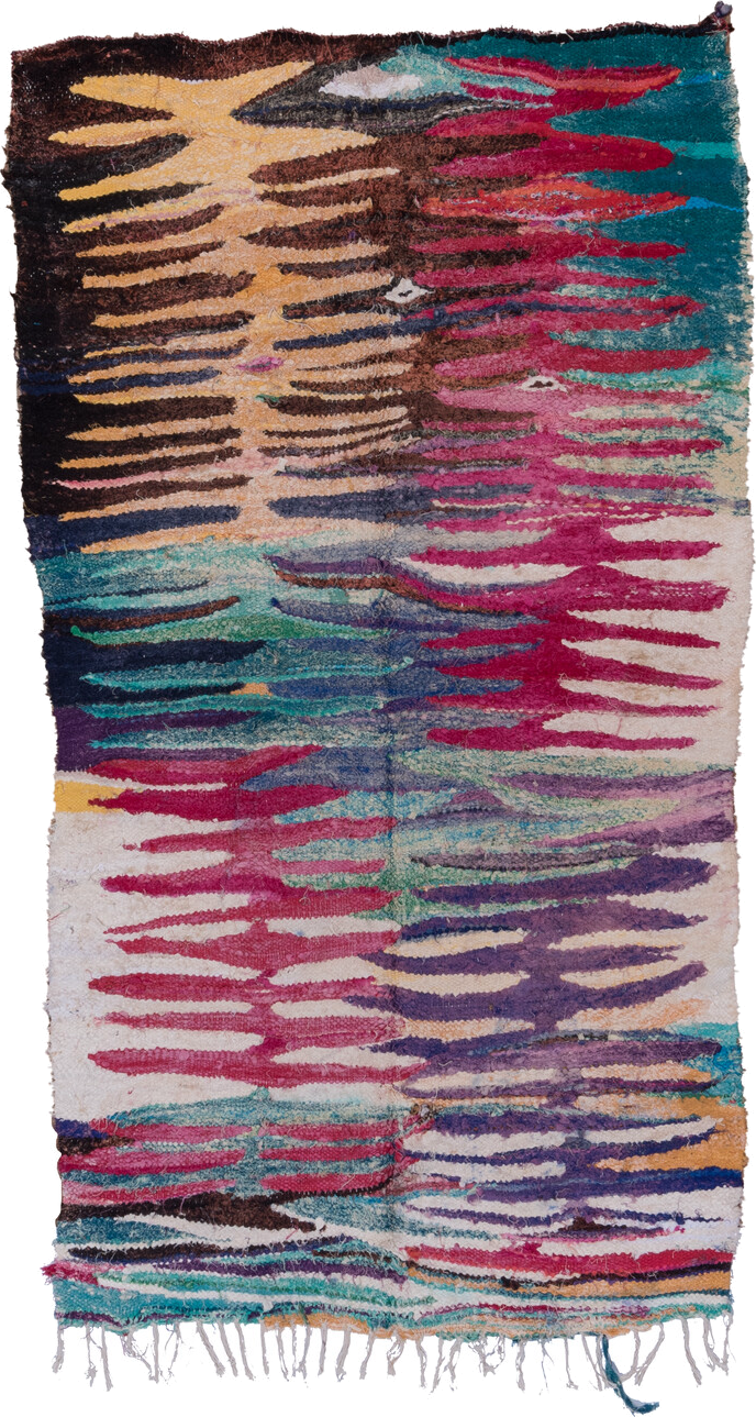 4' x 8' one-of-a-kind handmade vintage Flatweave rug. Color palette: ivory, magenta, brown, teal, violet, turquoise, camel