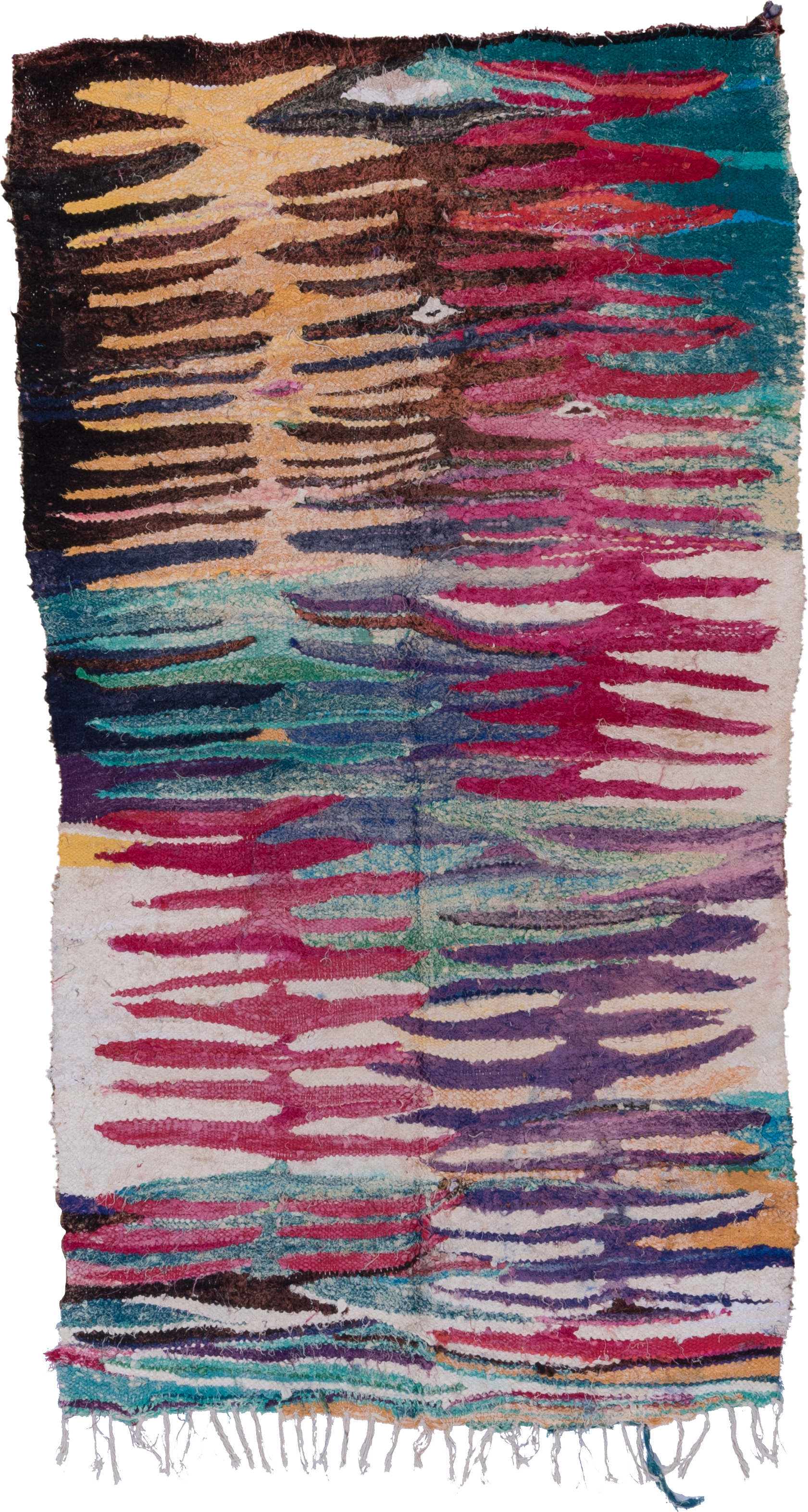 4' x 8' one-of-a-kind handmade vintage Flatweave rug. Color palette: ivory, magenta, brown, teal, violet, turquoise, camel
