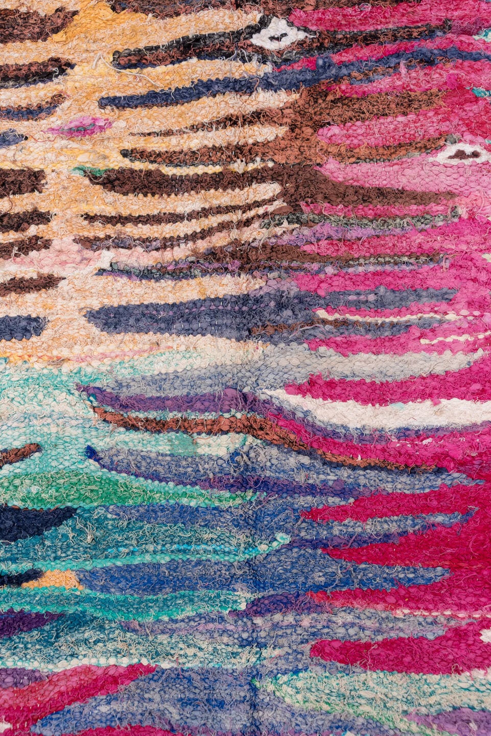 4' x 8' one-of-a-kind handmade vintage Flatweave rug. Color palette: ivory, magenta, brown, teal, violet, turquoise, camel
