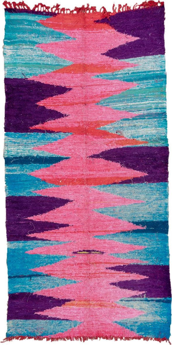4' x 8' one-of-a-kind handmade vintage Flatweave runner rug. Color palette: pink, turquoise, purple, coral, aqua, teal