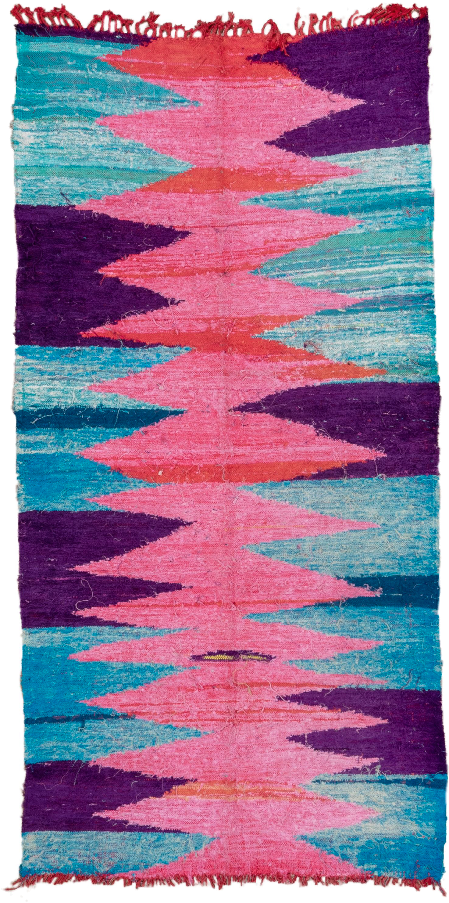 4' x 8' one-of-a-kind handmade vintage Flatweave runner rug. Color palette: pink, turquoise, purple, coral, aqua, teal