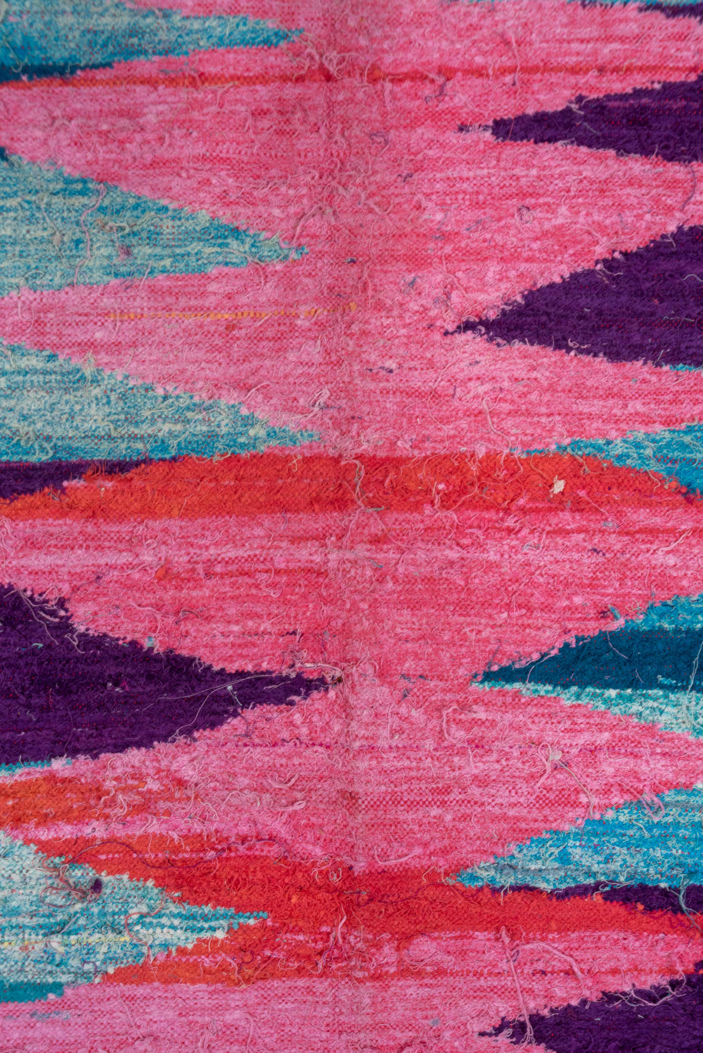 4' x 8' one-of-a-kind handmade vintage Flatweave runner rug. Color palette: pink, turquoise, purple, coral, aqua, teal