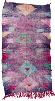 4' x 8' one-of-a-kind handmade vintage Rag Rug rug. Color palette: lavender, plum, pink, aqua, raspberry, mint, peach, ivory