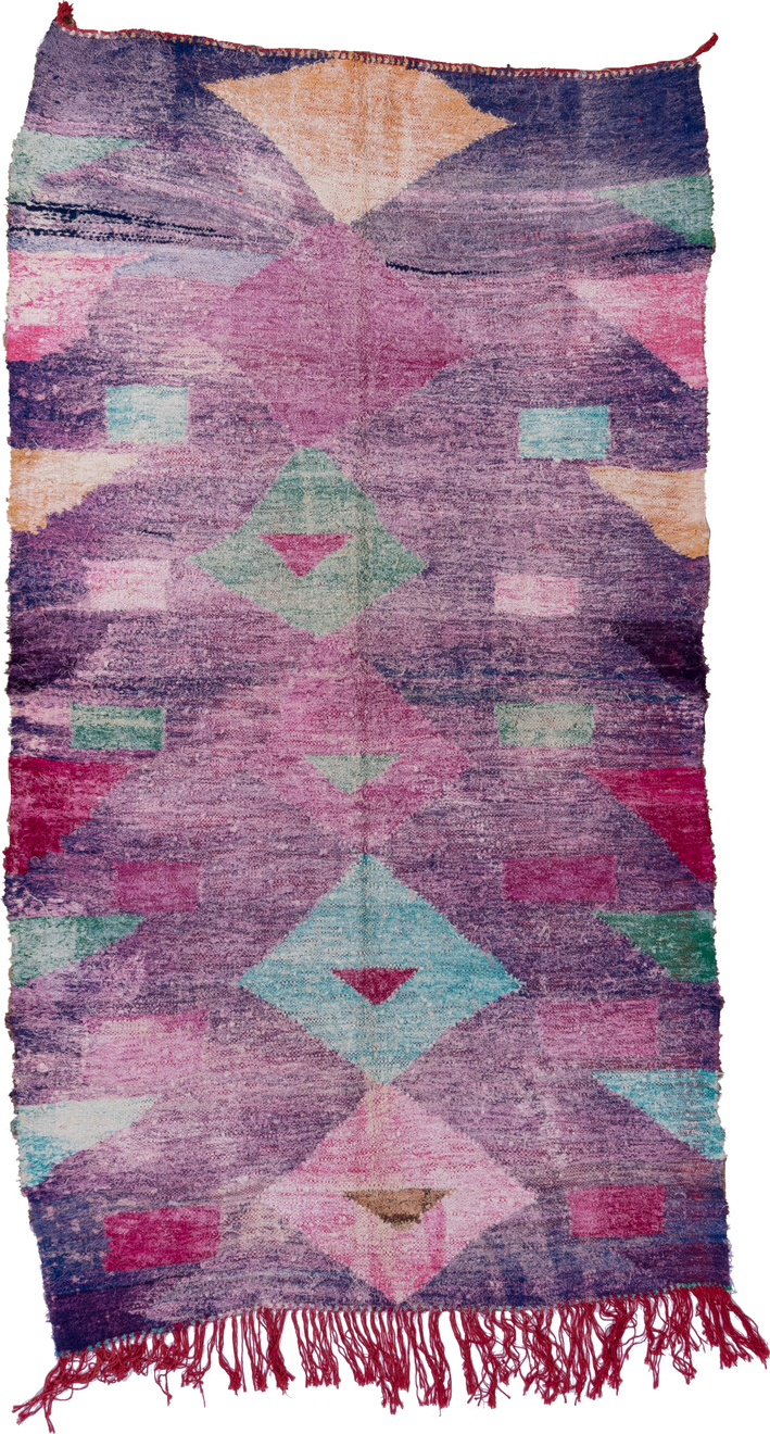 4' x 8' one-of-a-kind handmade vintage Rag Rug rug. Color palette: lavender, plum, pink, aqua, raspberry, mint, peach, ivory