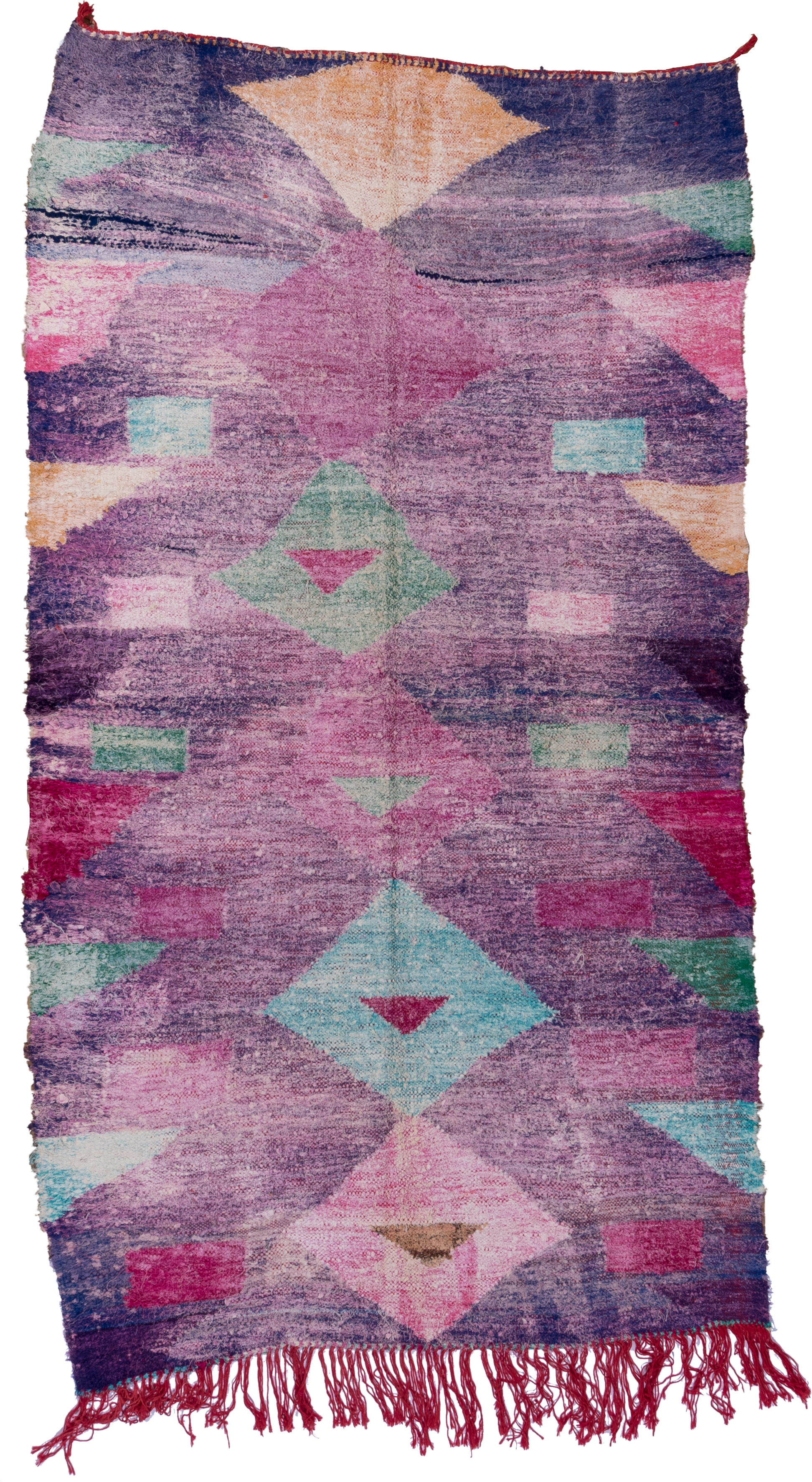 4' x 8' one-of-a-kind handmade vintage Rag Rug rug. Color palette: lavender, plum, pink, aqua, raspberry, mint, peach, ivory